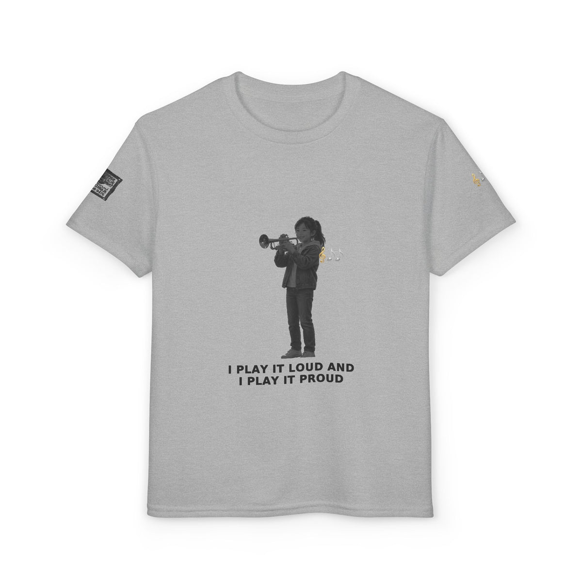 I Play It Loud and I Play It Proud — Asian Girl Trumpet Pre-Teen Musician Tee (Black Ink) (Budget Edition)