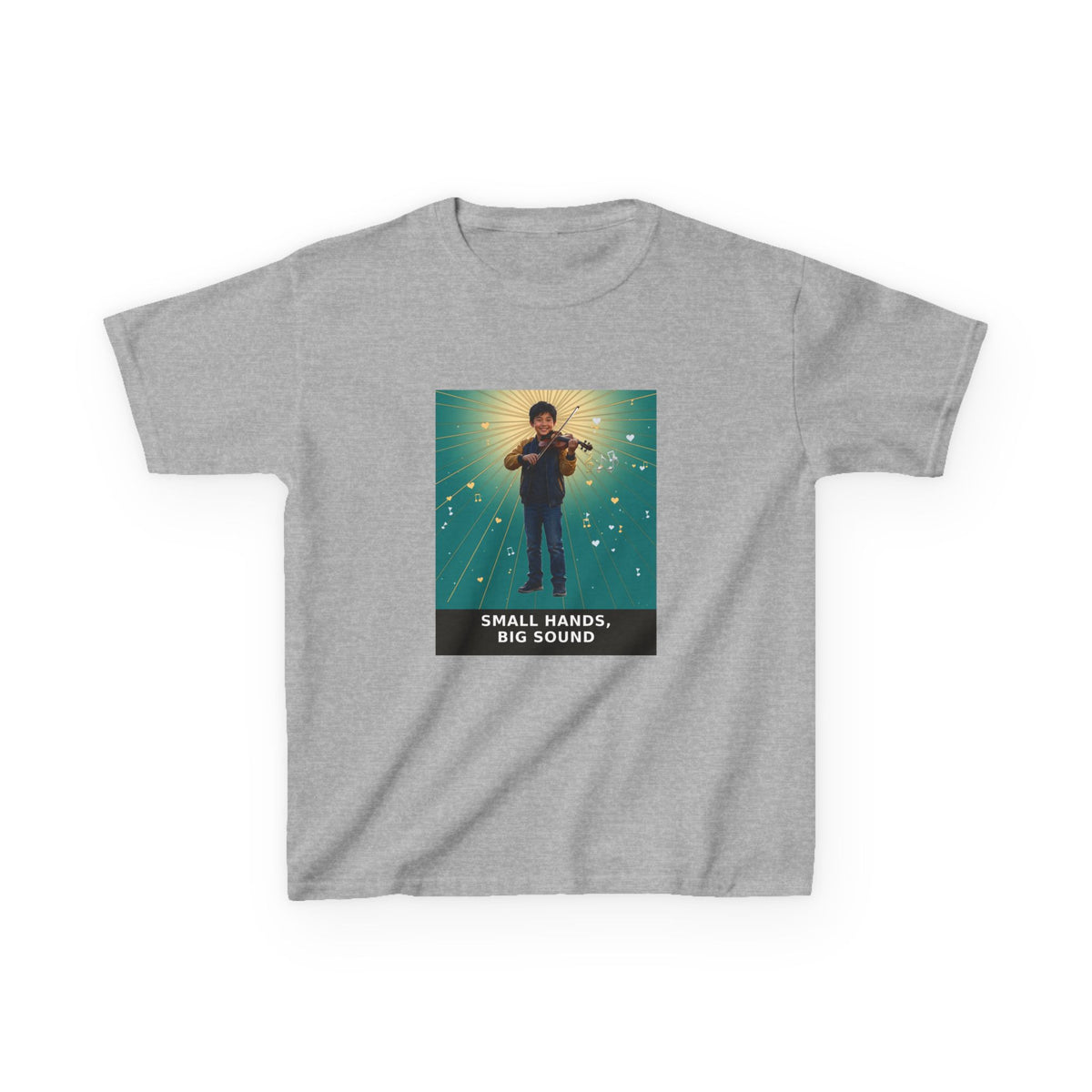Small Hands, Big Sound — Asian Boy Violin Pre-Teen Musician Tee (Teal) (Budget Edition) (Front Print)