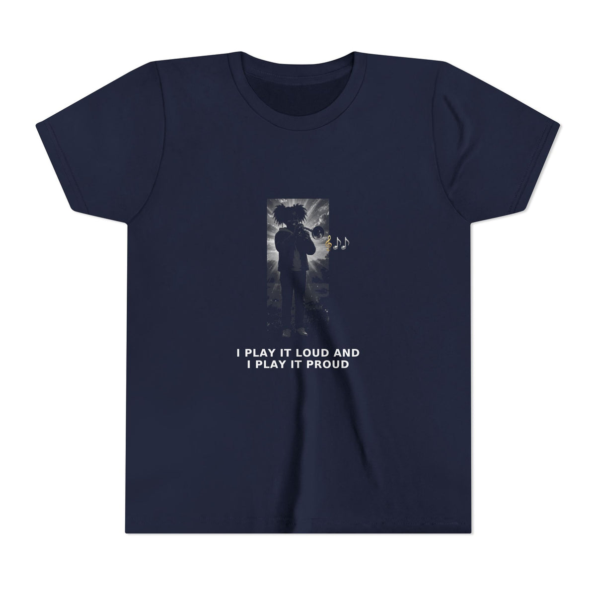 I Play It Loud and I Play It Proud — Black Girl Trumpet Pre-Teen Musician Tee (White Ink) (Front Print)
