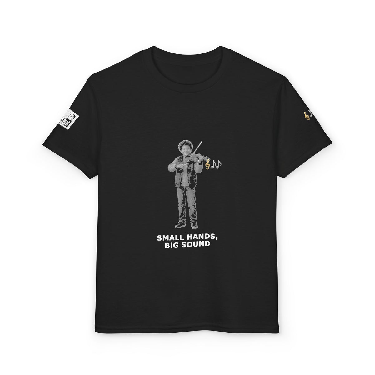Small Hands, Big Sound — Latino Boy Violin Pre-Teen Musician Tee (White Ink)