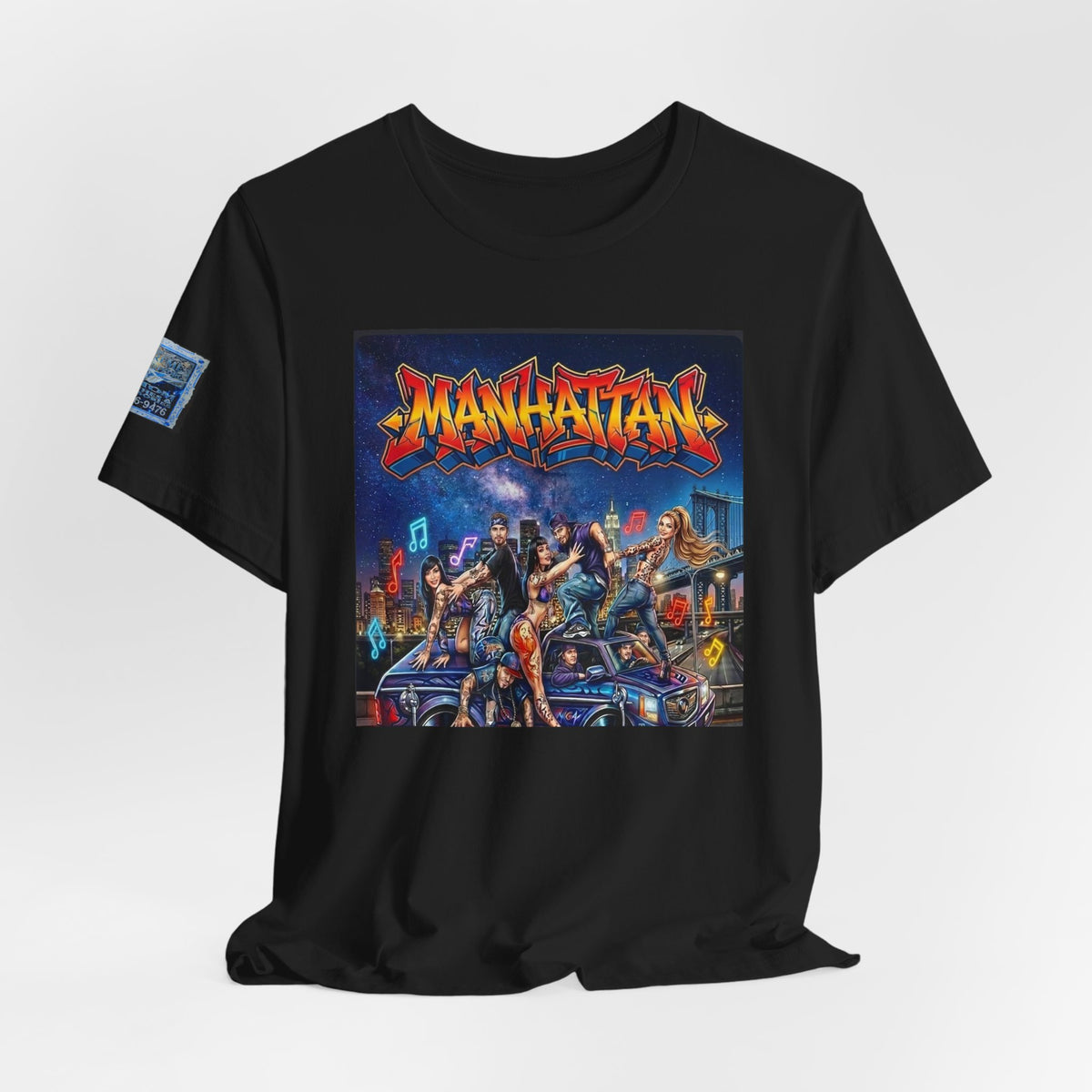 Manhattan Graffiti Car T-Shirt — NYC Street Art Front Print, Badge Sleeve