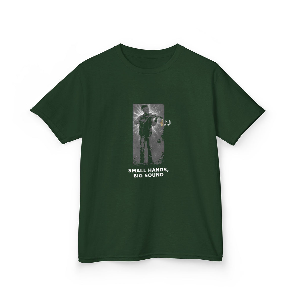 Small Hands, Big Sound — Black Boy Violin Pre-Teen Musician Tee (White Ink) (Budget Edition) (Front Print)