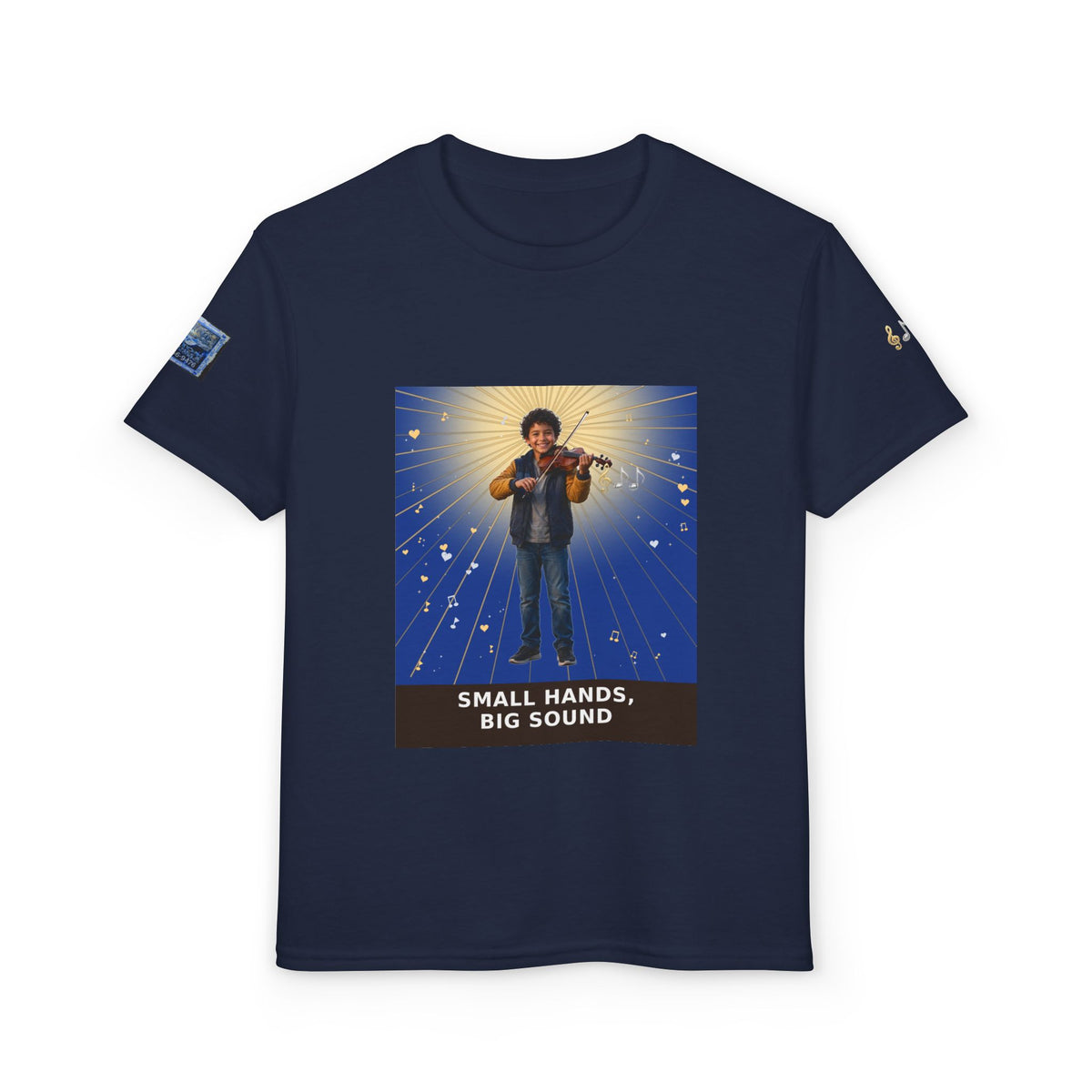 Small Hands, Big Sound — Latino Boy Violin Pre-Teen Musician Tee (Deep Blue) (Budget Edition)