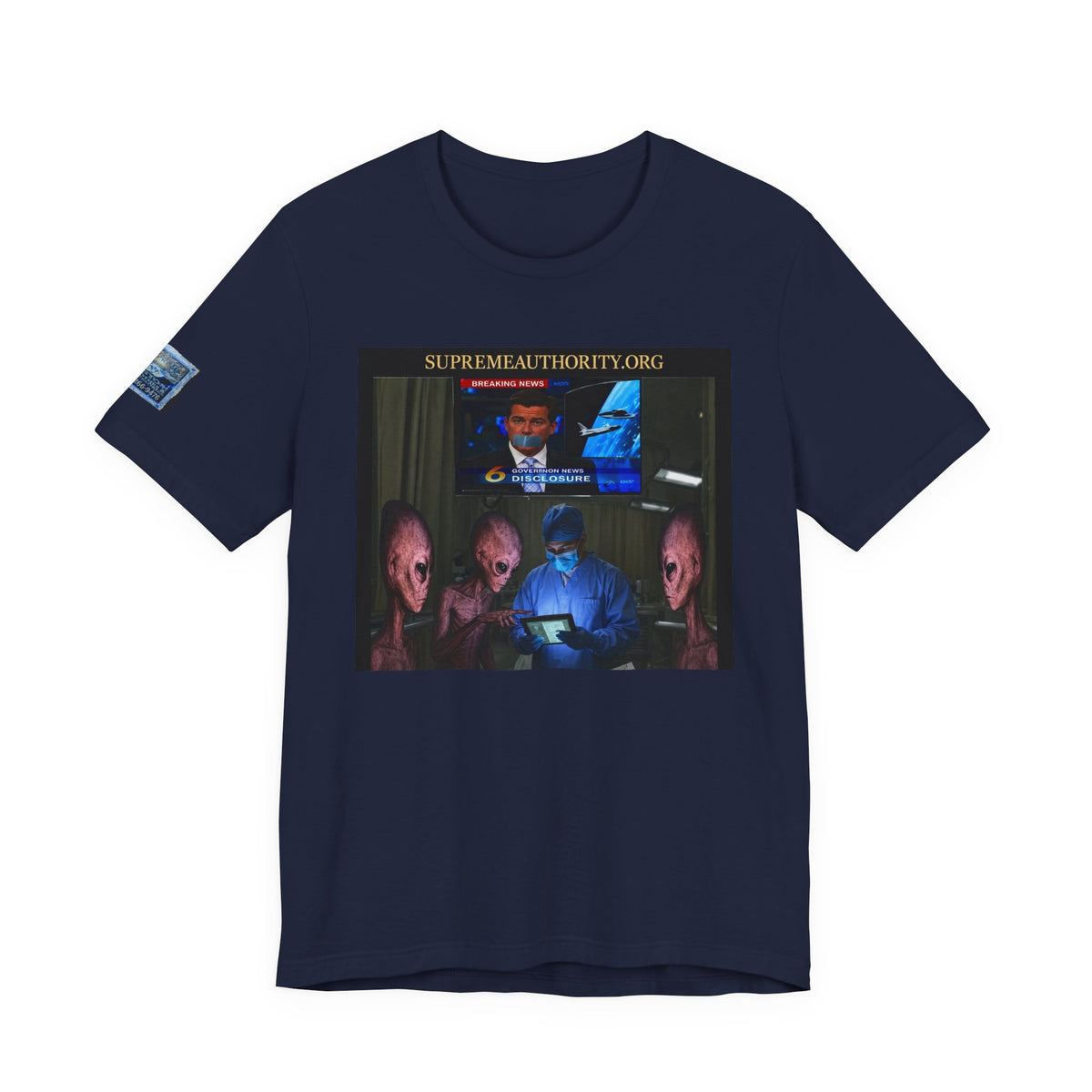 Alien Disclosure T-Shirt - UFO News Cover-Up, Funny Alien Surgery Art, Badge Sleeve