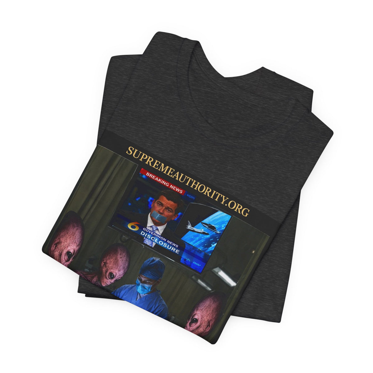 Alien Disclosure T-Shirt - UFO News Cover-Up, Funny Alien Surgery Art, Badge Sleeve