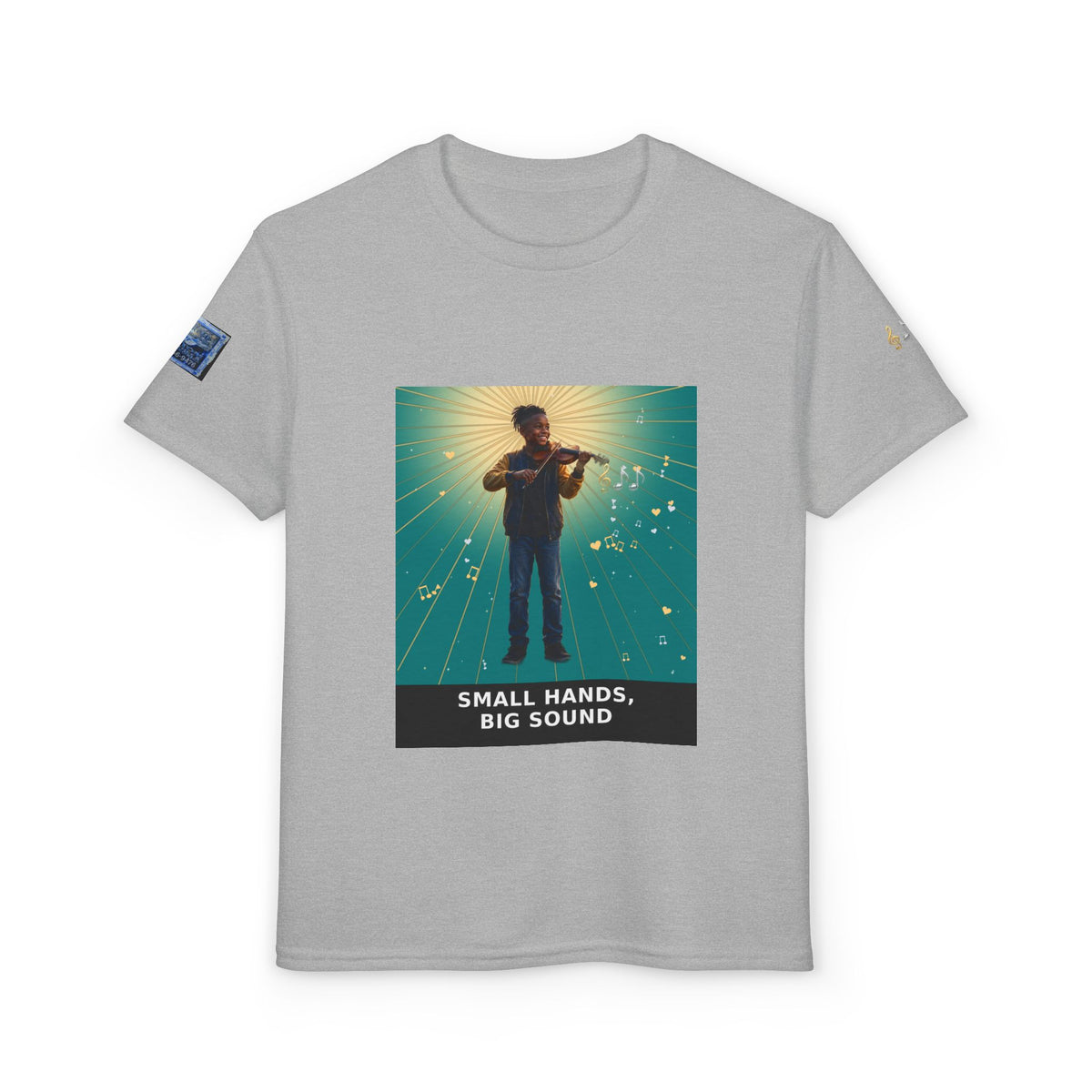 Small Hands, Big Sound — Black Boy Violin Pre-Teen Musician Tee (Teal)