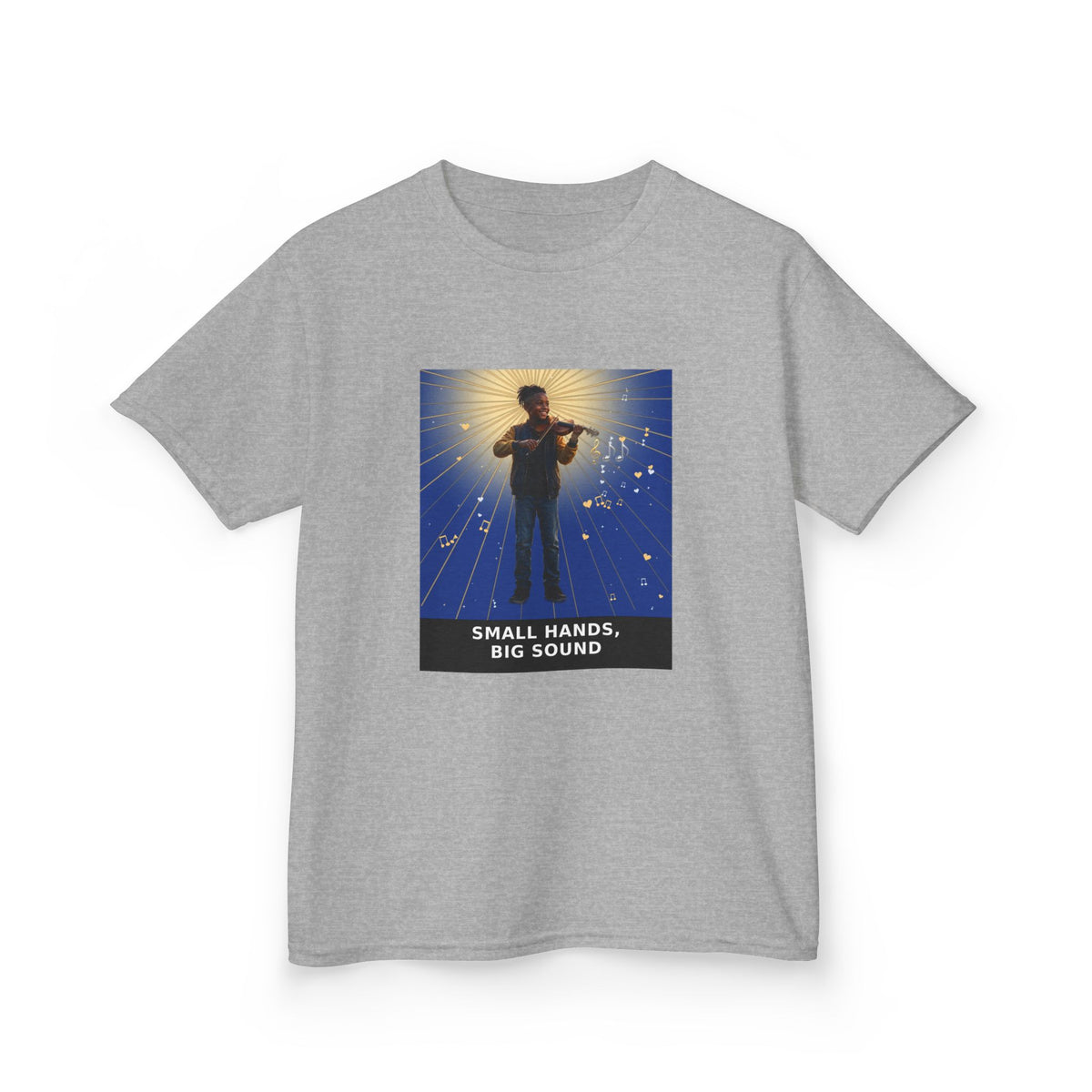 Small Hands, Big Sound — Black Boy Violin Pre-Teen Musician Tee (Deep Blue) (Budget Edition) (Front Print)