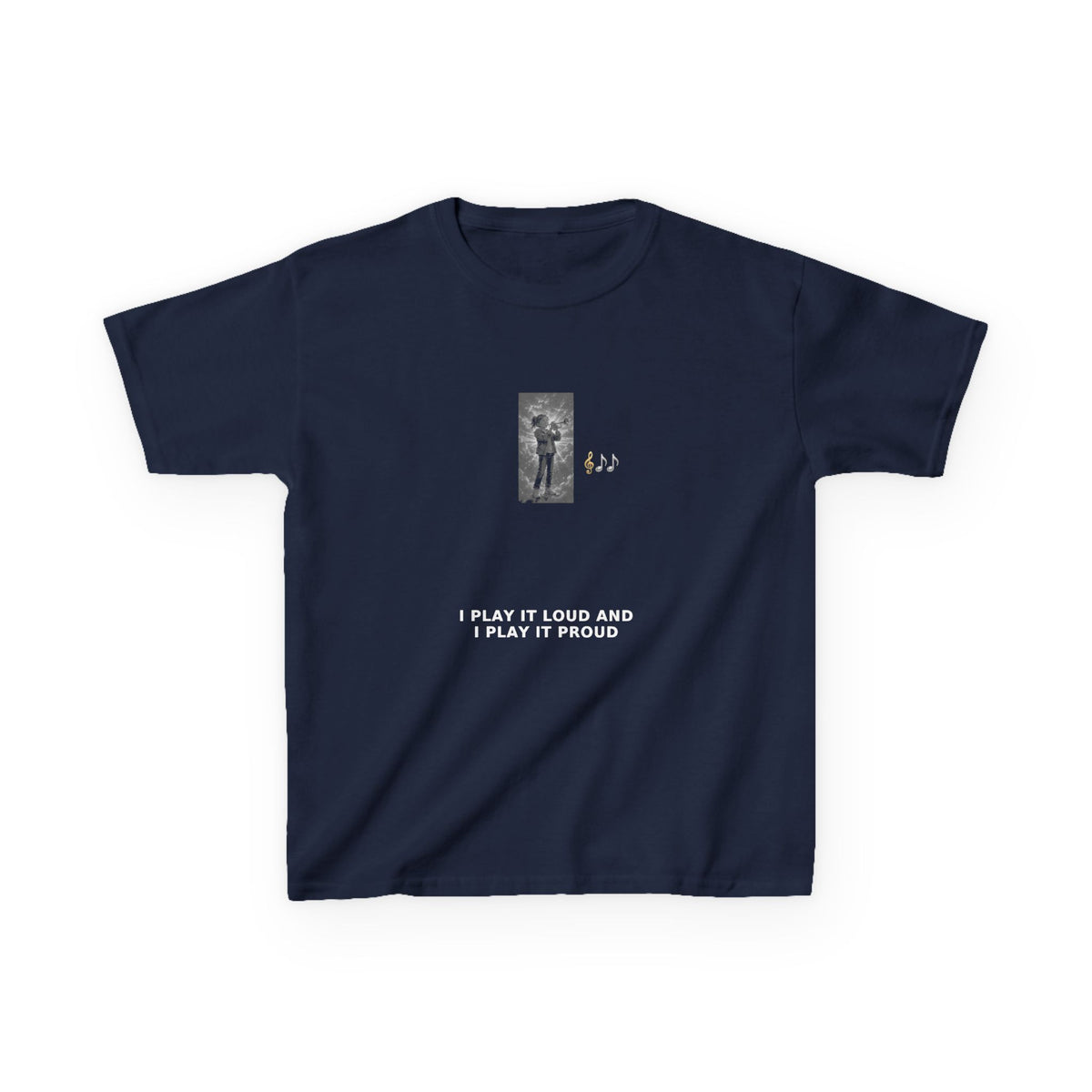 I Play It Loud and I Play It Proud — Girl Trumpet Pre-Teen Musician Tee (White Ink) (Budget Edition) (Front Print)