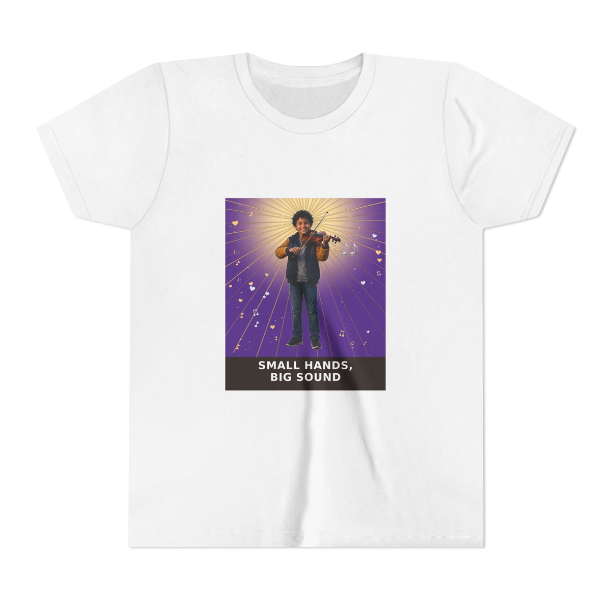 Small Hands, Big Sound — Latino Boy Violin Pre-Teen Musician Tee (Royal Purple) (Front Print)