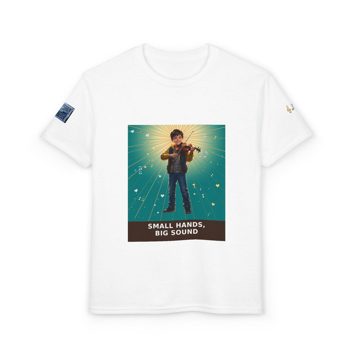Small Hands, Big Sound — Boy Violin Pre-Teen Musician Tee (Teal) (Budget Edition)