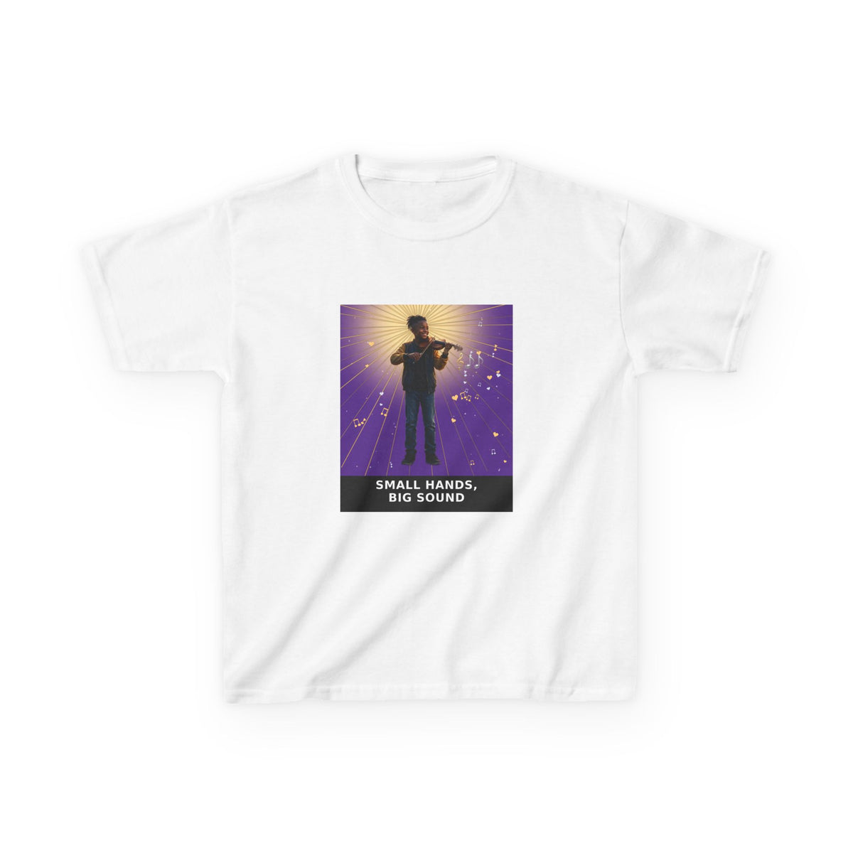 Small Hands, Big Sound — Black Boy Violin Pre-Teen Musician Tee (Royal Purple) (Budget Edition) (Front Print)