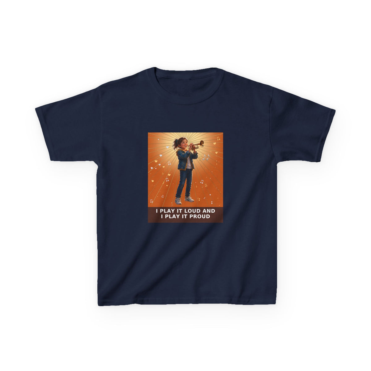 I Play It Loud and I Play It Proud — Girl Trumpet Pre-Teen Musician Tee (Sunset Orange) (Budget Edition) (Front Print)