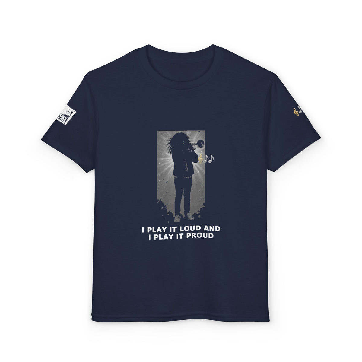 I Play It Loud and I Play It Proud — Latina Girl Trumpet Pre-Teen Musician Tee (White Ink)