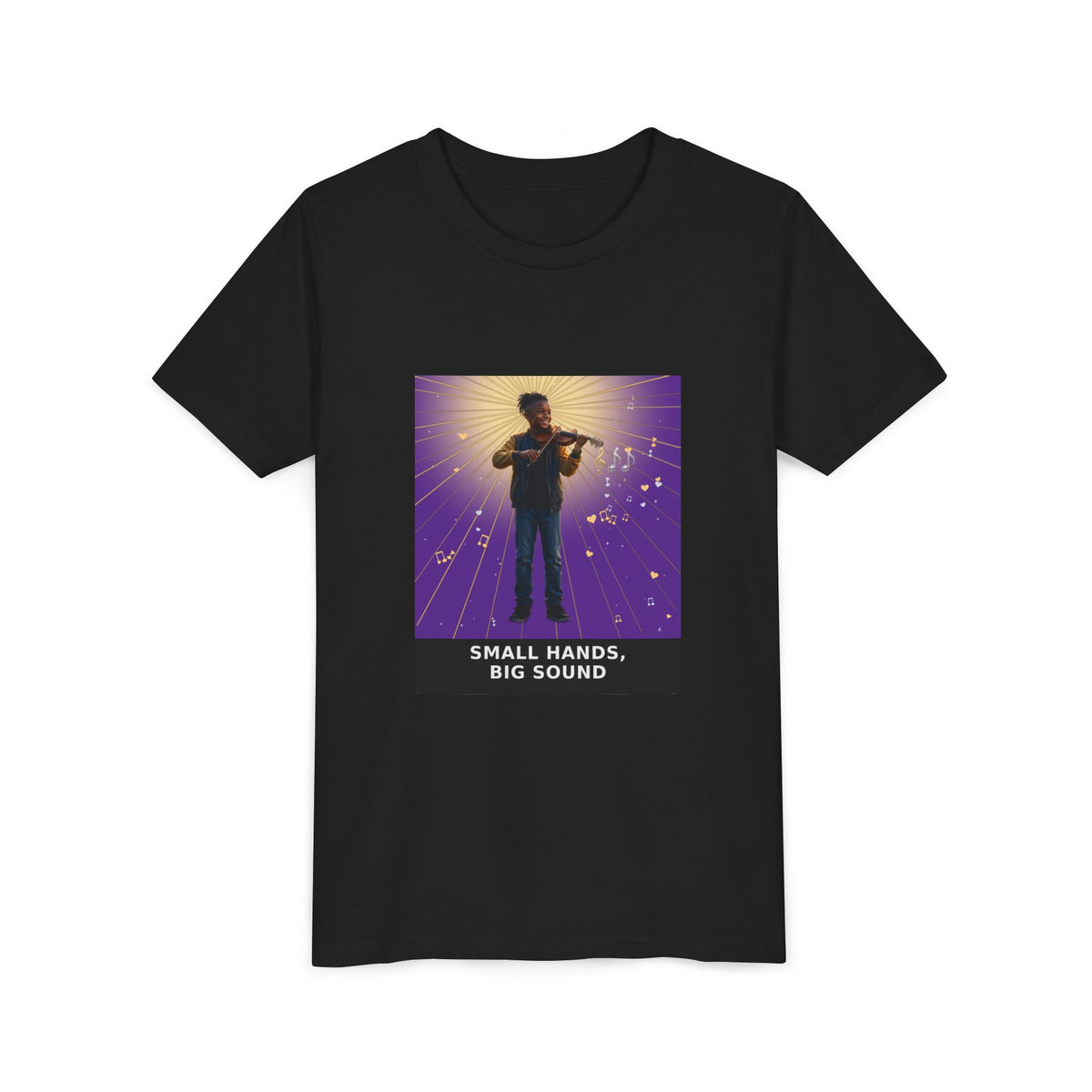 Small Hands, Big Sound — Black Boy Violin Pre-Teen Musician Tee (Royal Purple) (Front Print)