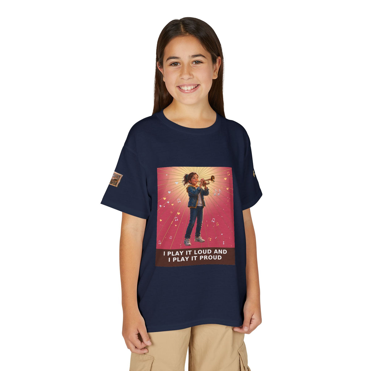 I Play It Loud and I Play It Proud — Girl Trumpet Pre-Teen Musician Tee (Rose)