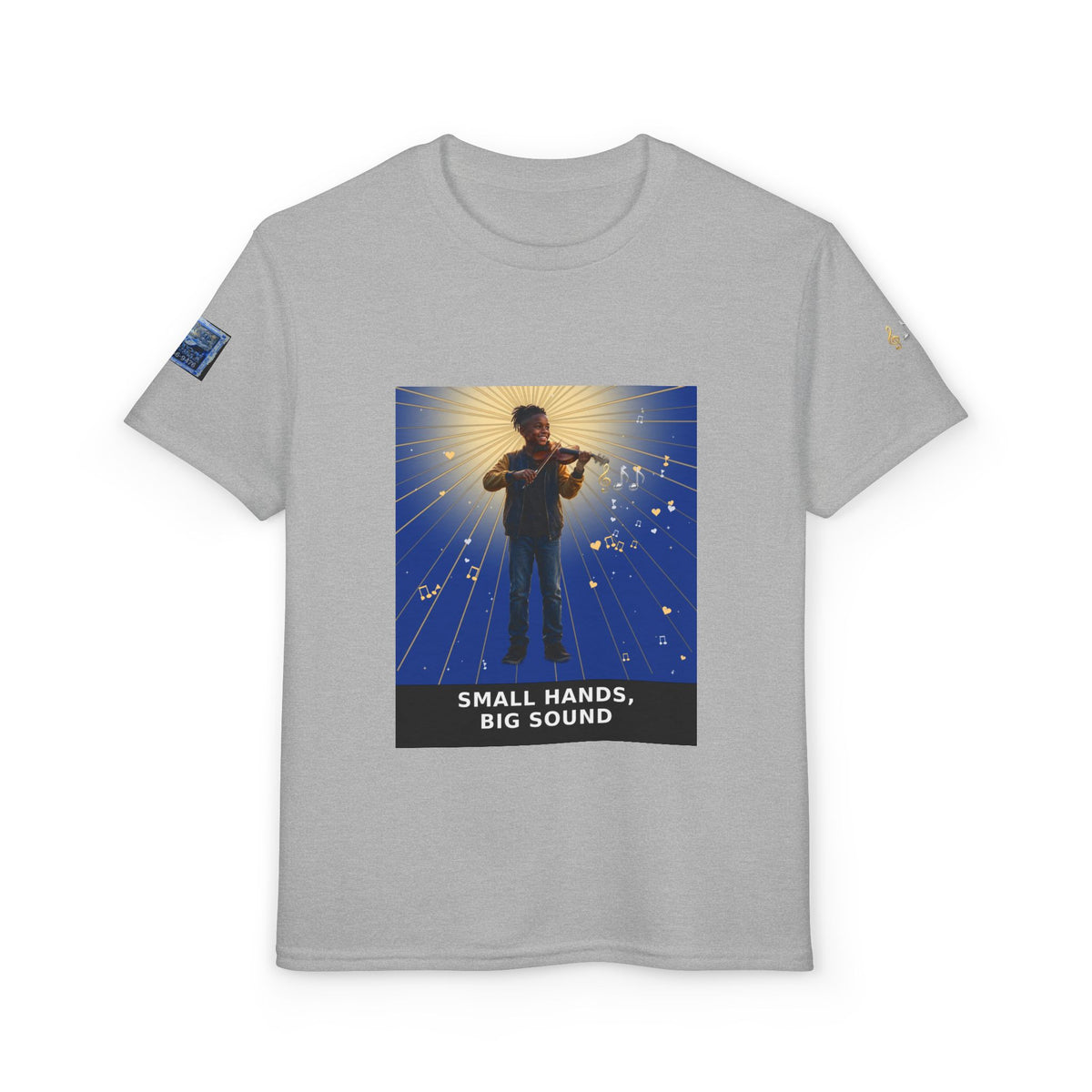 Small Hands, Big Sound — Black Boy Violin Pre-Teen Musician Tee (Deep Blue)