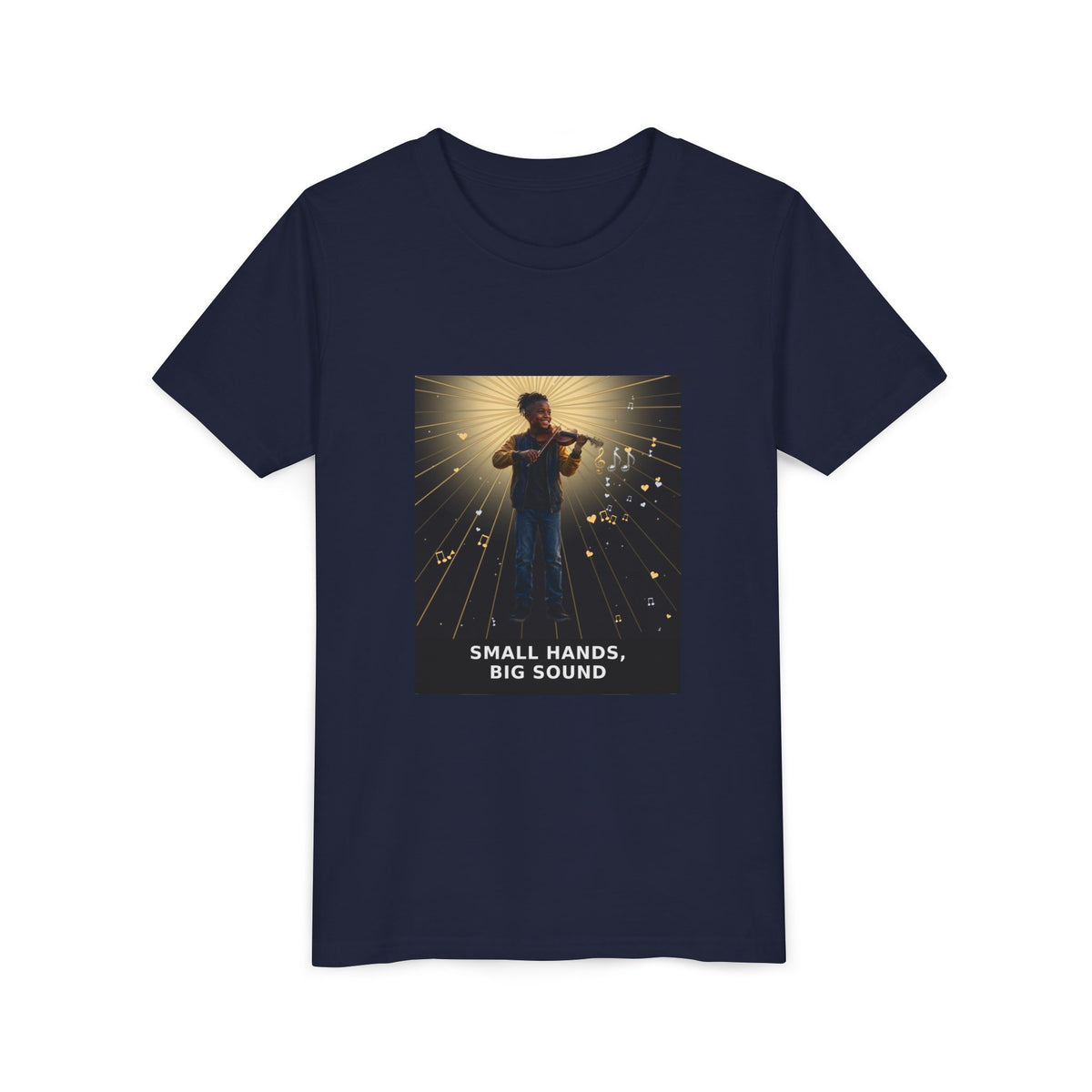 Small Hands, Big Sound — Black Boy Violin Pre-Teen Musician Tee (Front Print)