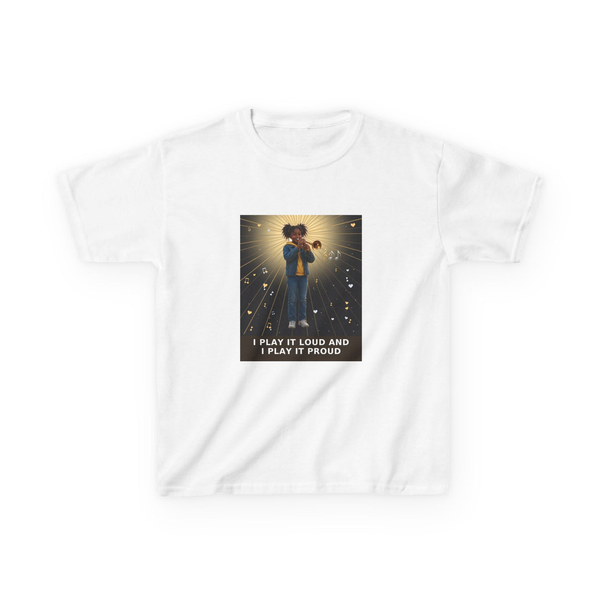 I Play It Loud and I Play It Proud — Black Girl Trumpet Pre-Teen Musician Tee (Budget Edition) (Front Print)