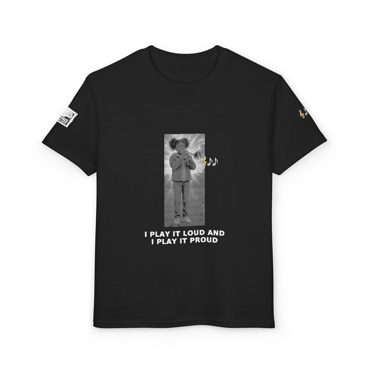 I Play It Loud and I Play It Proud — Black Girl Trumpet Pre-Teen Musician Tee (White Ink)