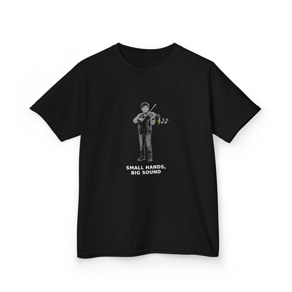 Small Hands, Big Sound — Asian Boy Violin Pre-Teen Musician Tee (White Ink) (Budget Edition) (Front Print)