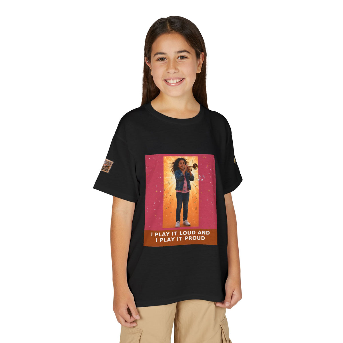 I Play It Loud and I Play It Proud — Latina Girl Trumpet Pre-Teen Musician Tee (Rose)
