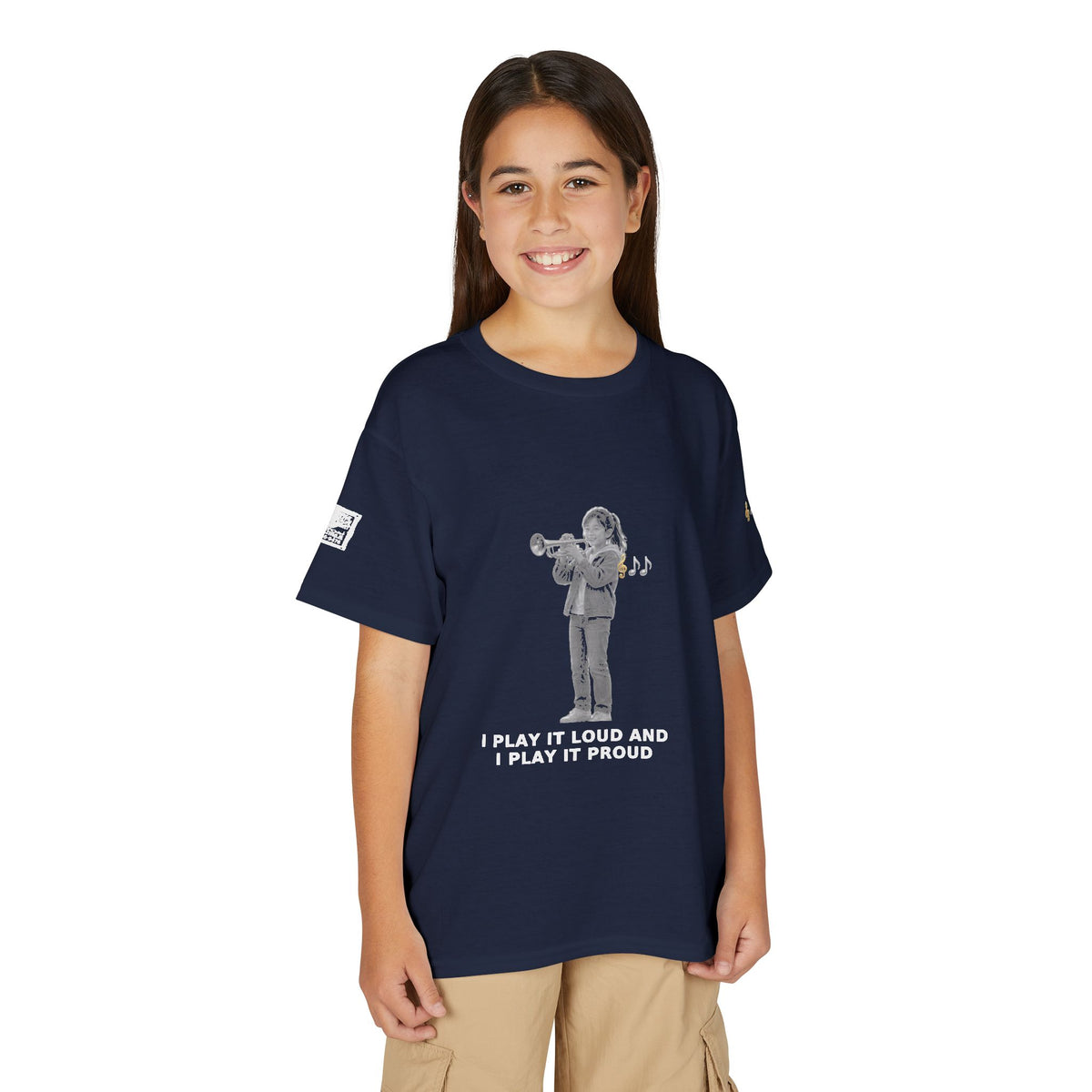 I Play It Loud and I Play It Proud — Asian Girl Trumpet Pre-Teen Musician Tee (White Ink) (Budget Edition)