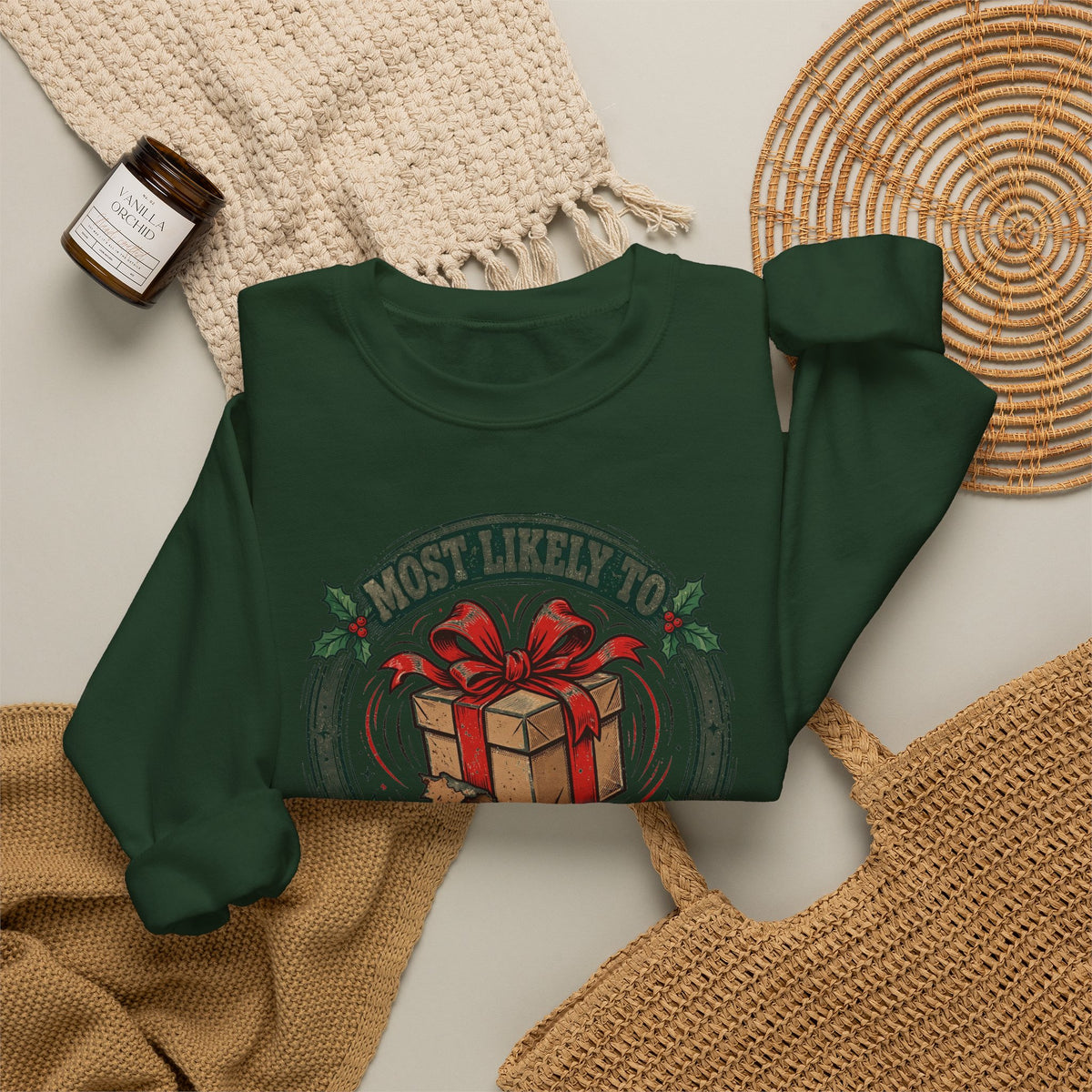 Most Likely To Shake The Presents Sweatshirt - Funny Christmas Crewneck - Family Christmas Shirt - Budget Edition