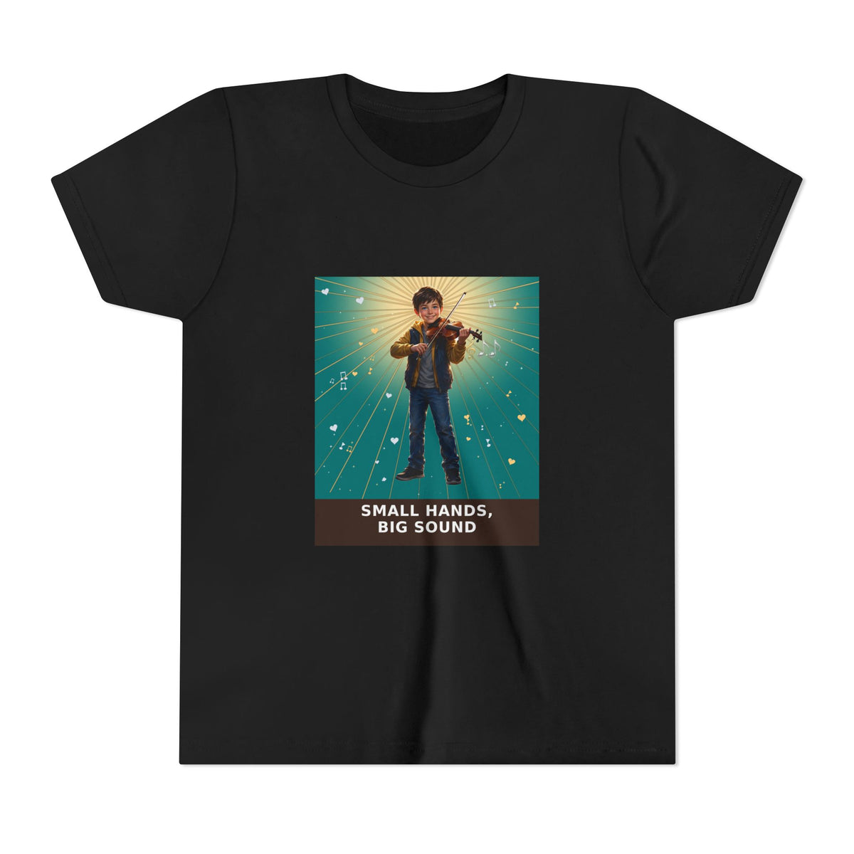 Small Hands, Big Sound — Boy Violin Pre-Teen Musician Tee (Teal) (Front Print)
