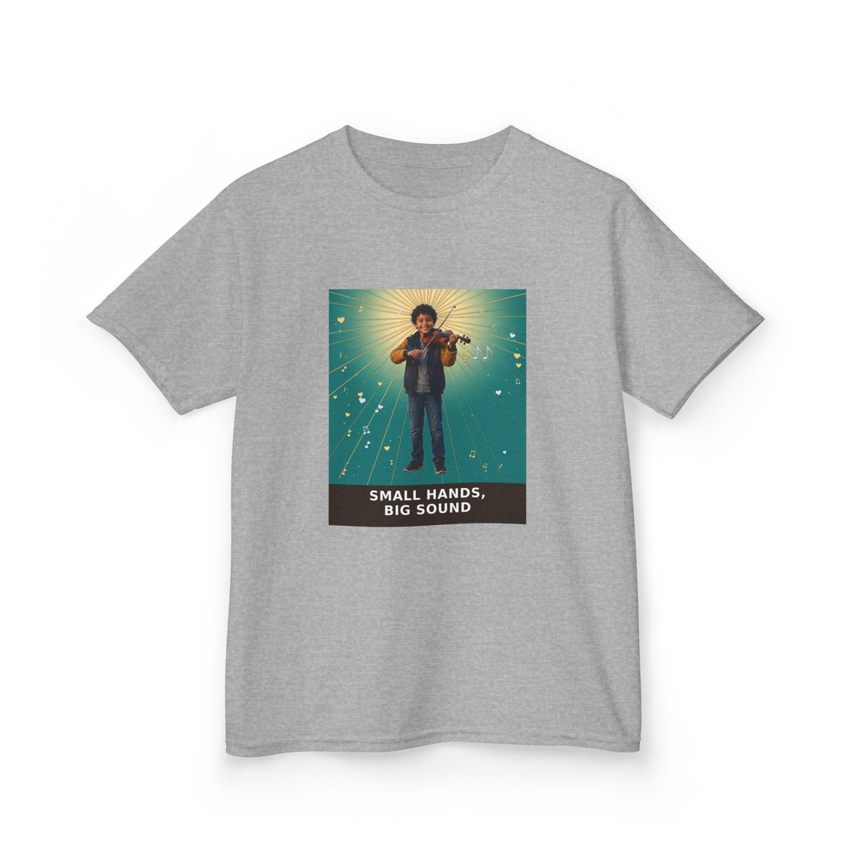 Small Hands, Big Sound — Latino Boy Violin Pre-Teen Musician Tee (Teal) (Budget Edition) (Front Print)