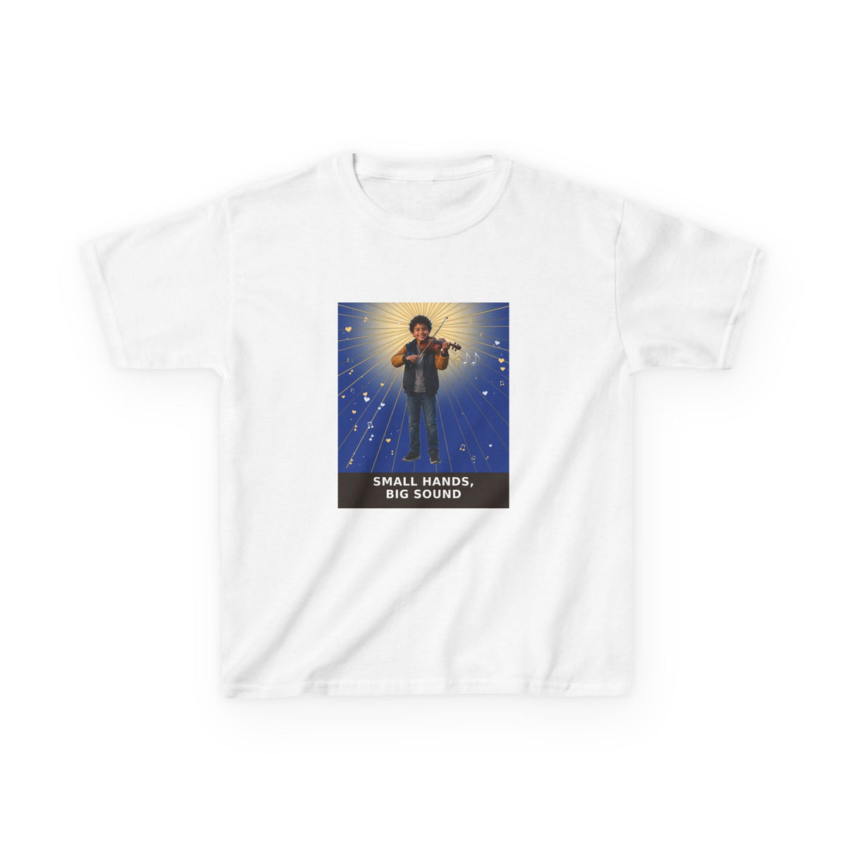Small Hands, Big Sound — Latino Boy Violin Pre-Teen Musician Tee (Deep Blue) (Budget Edition) (Front Print)