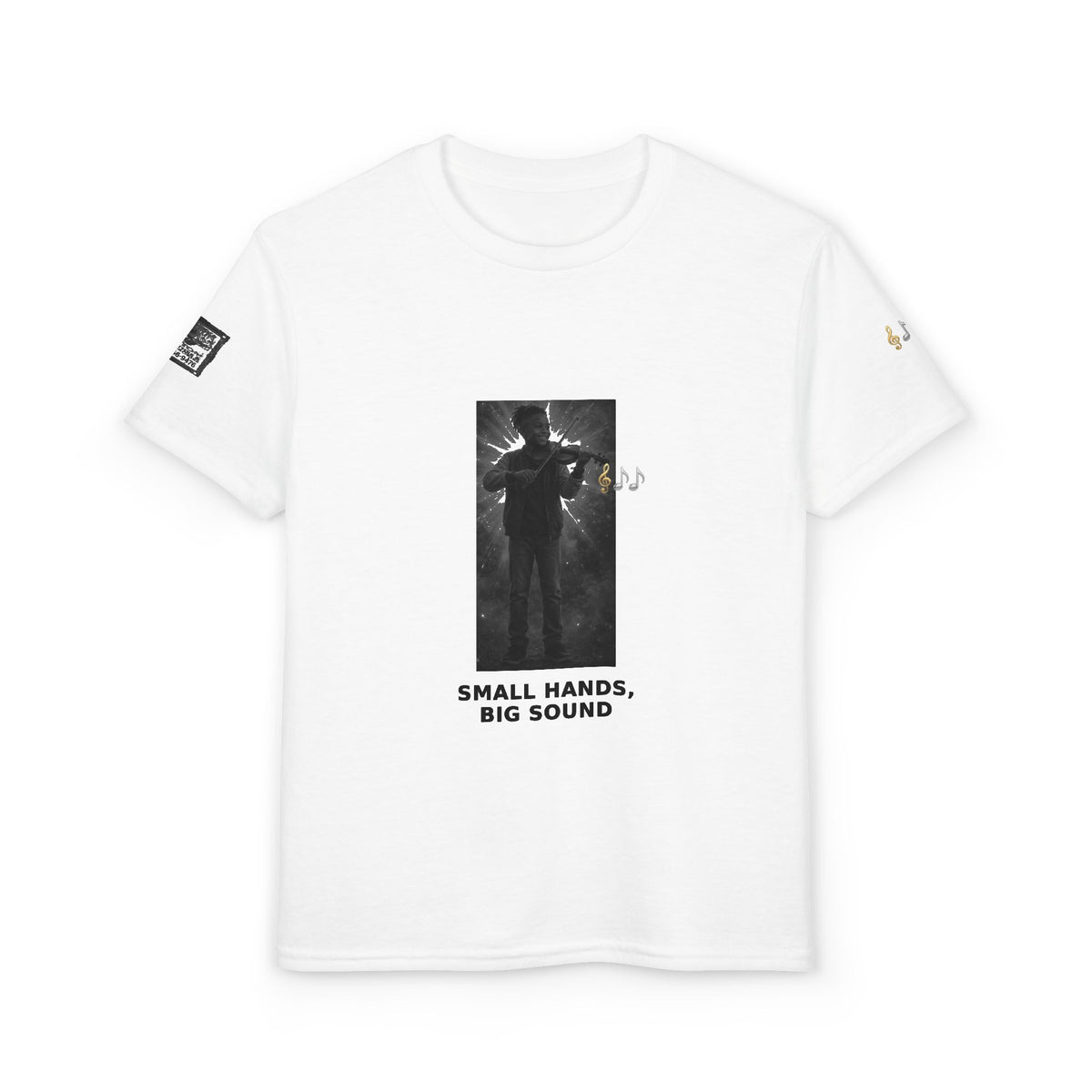 Small Hands, Big Sound — Black Boy Violin Pre-Teen Musician Tee (Black Ink)