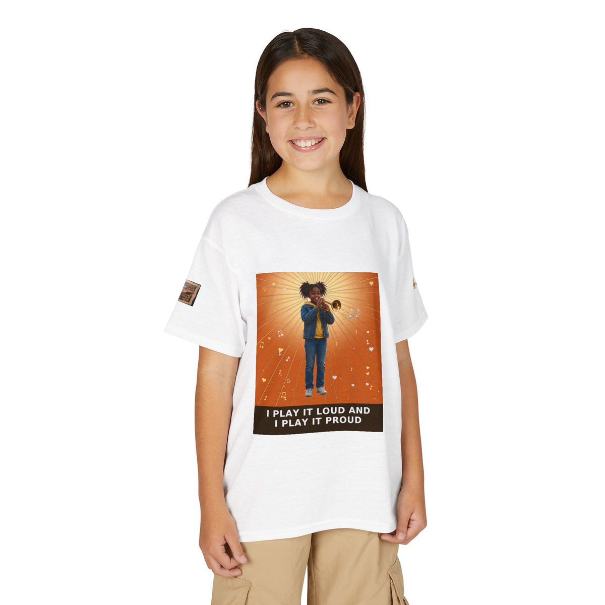 I Play It Loud and I Play It Proud — Black Girl Trumpet Pre-Teen Musician Tee (Sunset Orange)