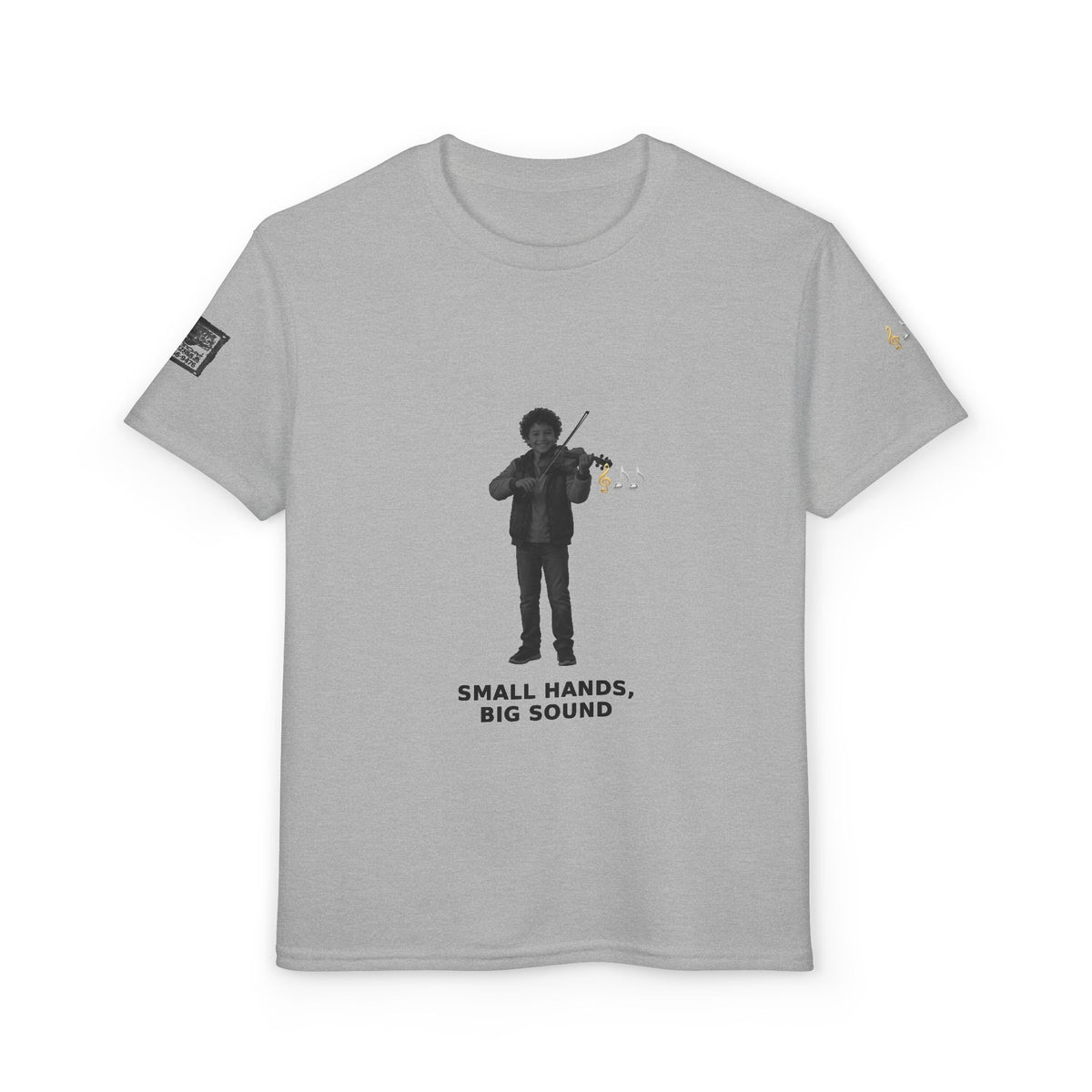 Small Hands, Big Sound — Latino Boy Violin Pre-Teen Musician Tee (Black Ink)