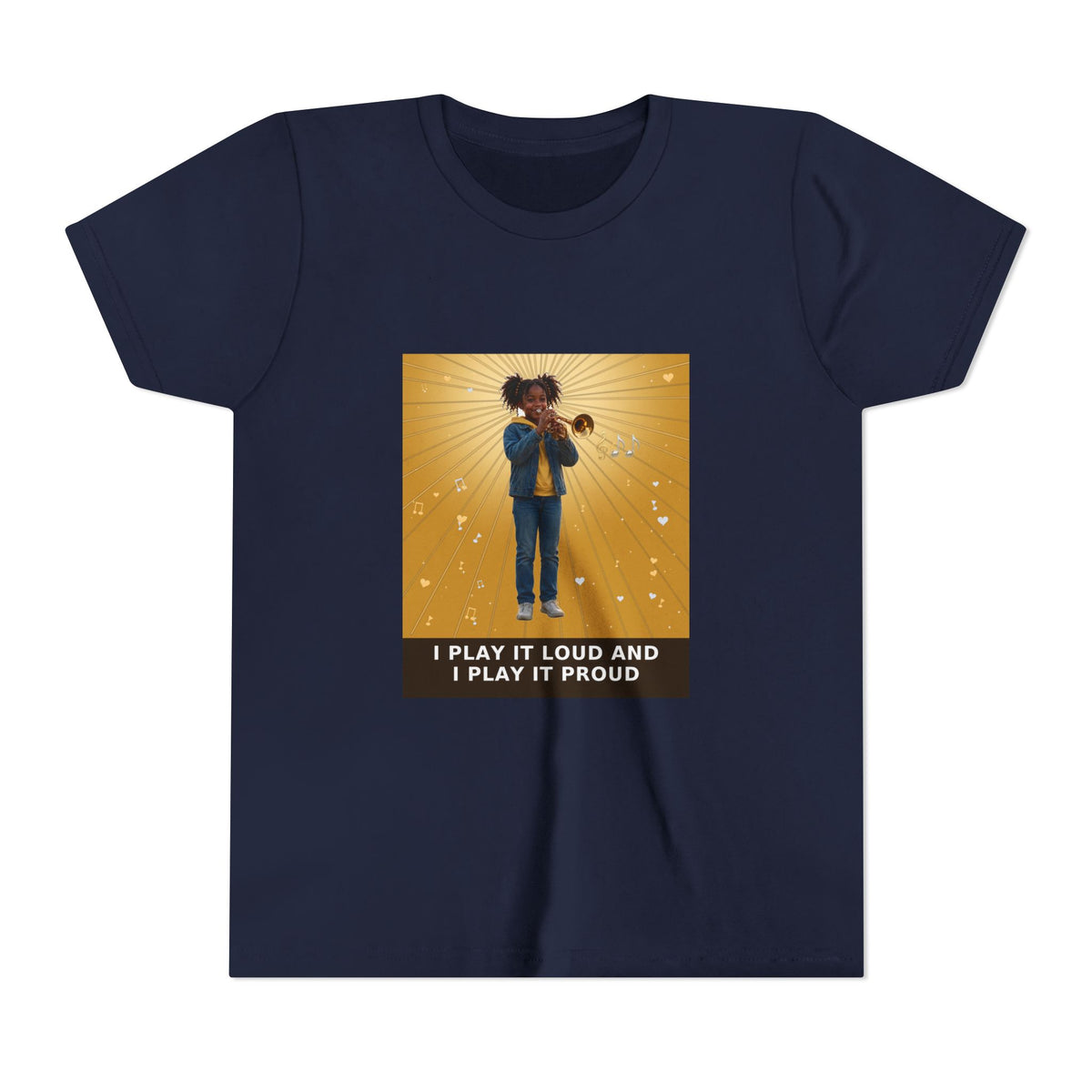 I Play It Loud and I Play It Proud — Black Girl Trumpet Pre-Teen Musician Tee (Golden Amber) (Front Print)