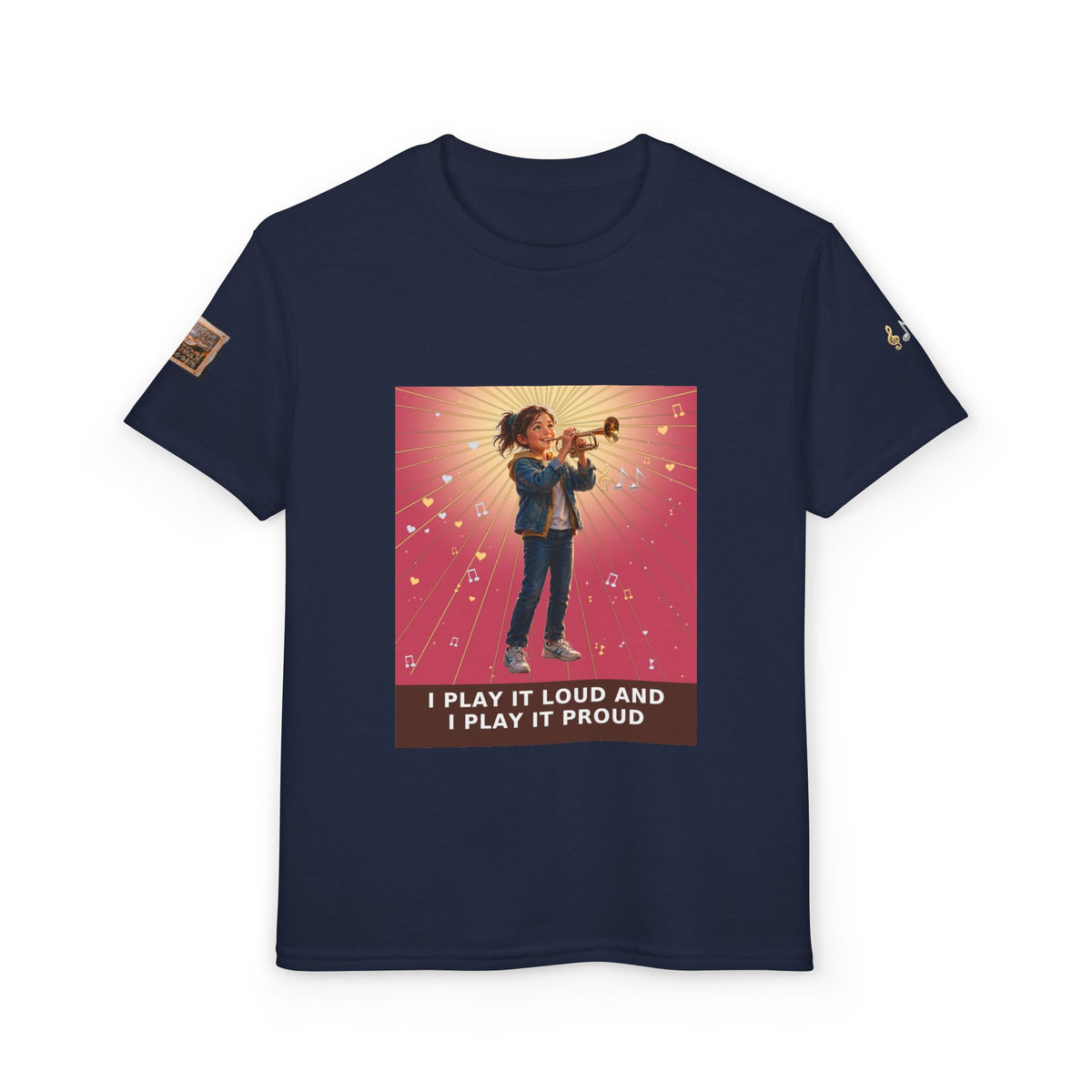 I Play It Loud and I Play It Proud — Girl Trumpet Pre-Teen Musician Tee (Rose)