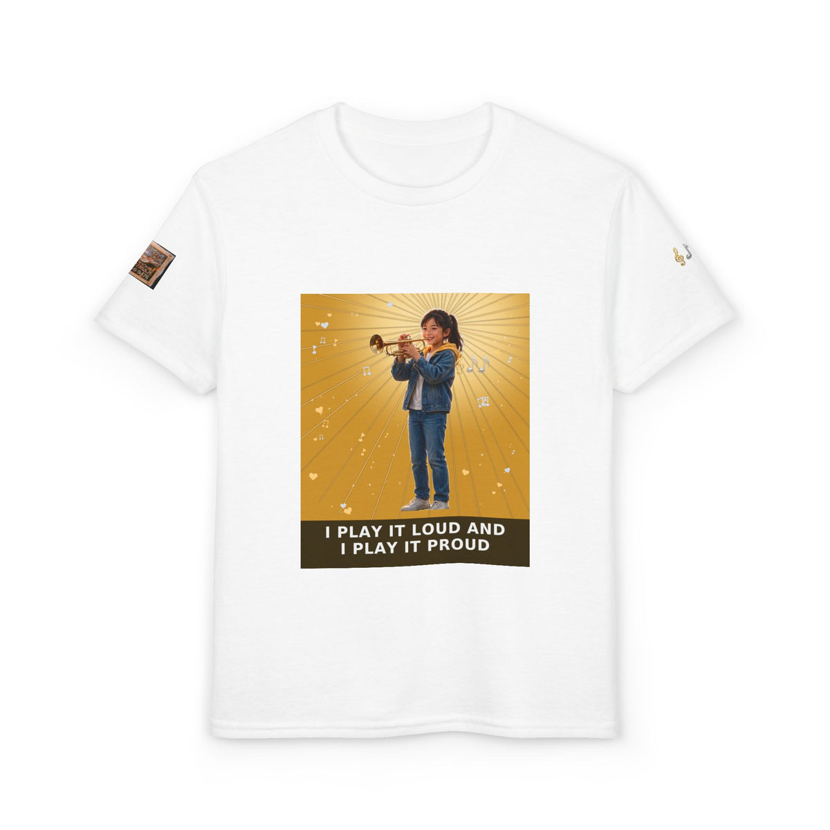 I Play It Loud and I Play It Proud — Asian Girl Trumpet Pre-Teen Musician Tee (Golden Amber)