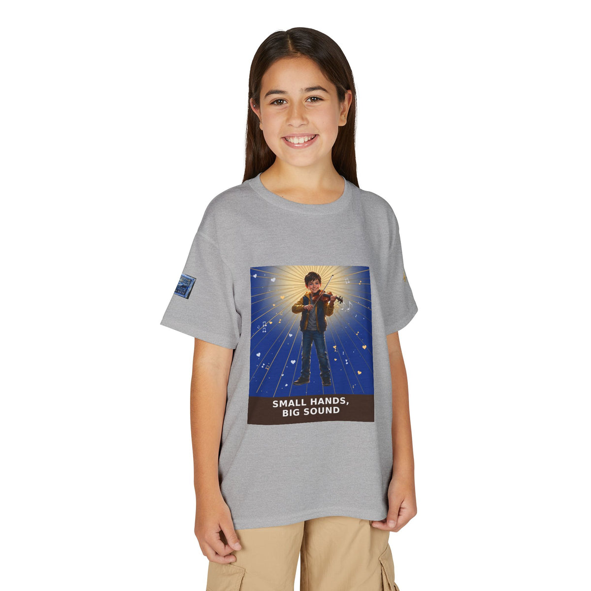 Small Hands, Big Sound — Boy Violin Pre-Teen Musician Tee (Deep Blue)