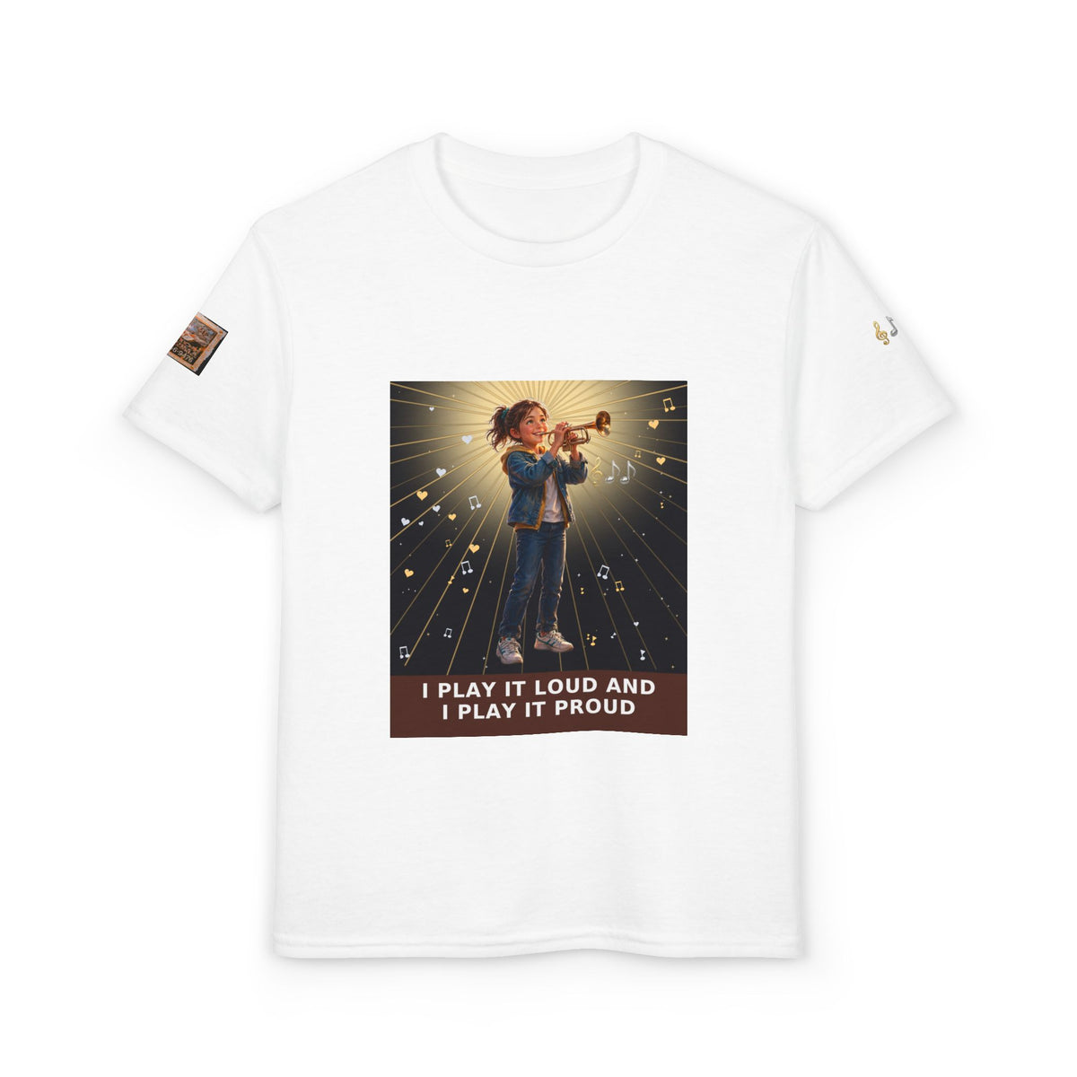 I Play It Loud and I Play It Proud — Girl Trumpet Pre-Teen Musician Tee (Budget Edition)
