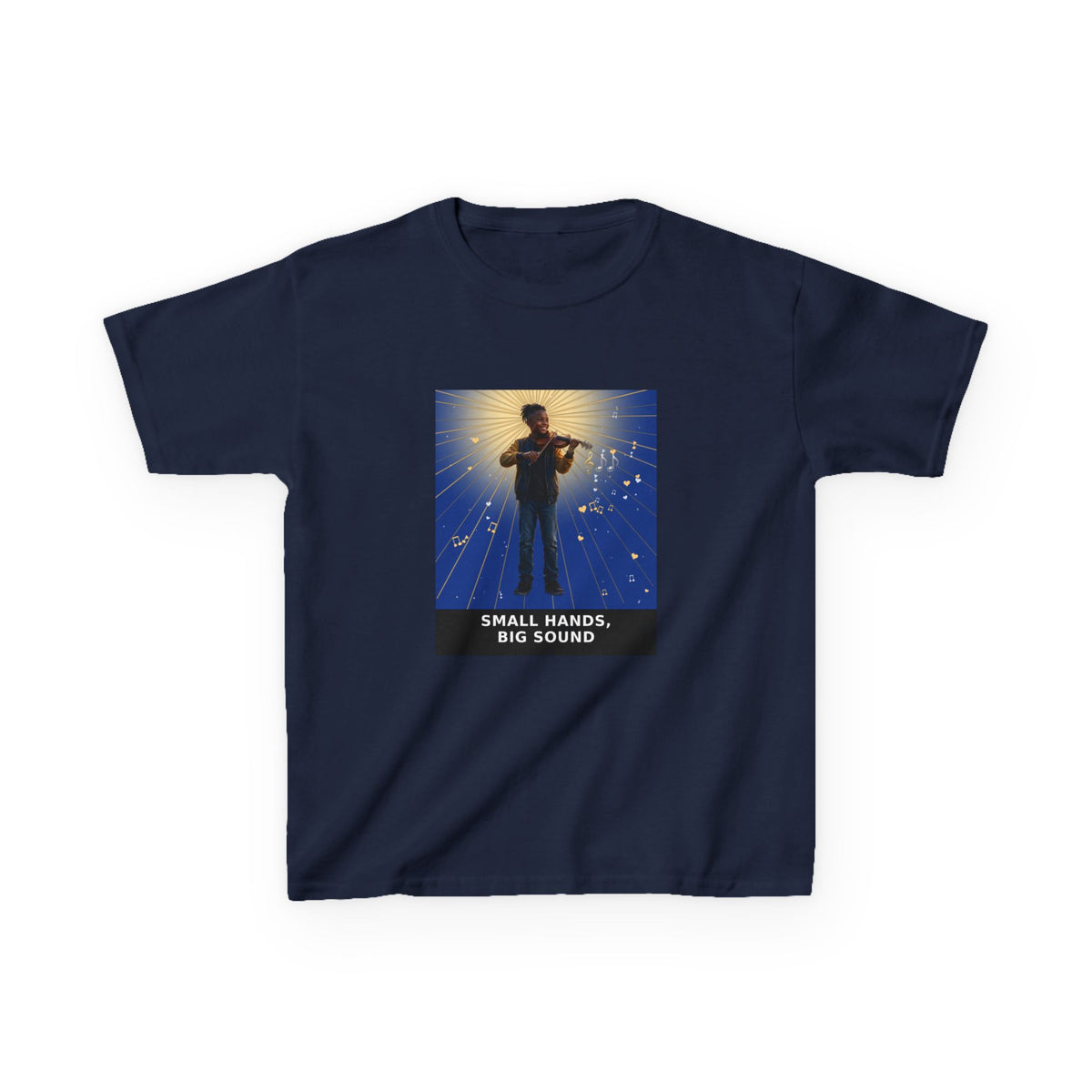 Small Hands, Big Sound — Black Boy Violin Pre-Teen Musician Tee (Deep Blue) (Budget Edition) (Front Print)