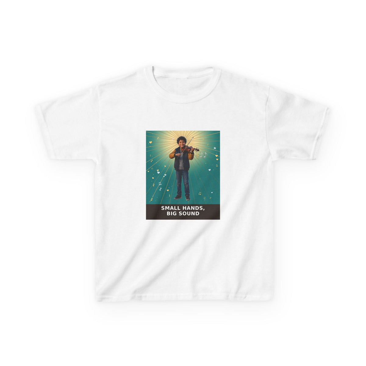 Small Hands, Big Sound — Latino Boy Violin Pre-Teen Musician Tee (Teal) (Budget Edition) (Front Print)