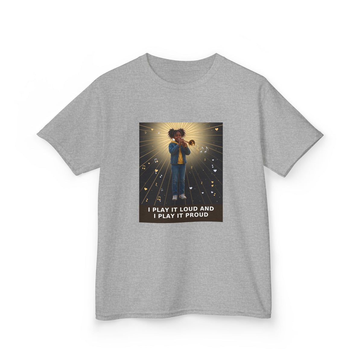 I Play It Loud and I Play It Proud — Black Girl Trumpet Pre-Teen Musician Tee (Budget Edition) (Front Print)