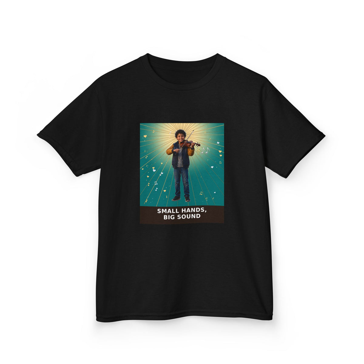 Small Hands, Big Sound — Latino Boy Violin Pre-Teen Musician Tee (Teal) (Budget Edition) (Front Print)
