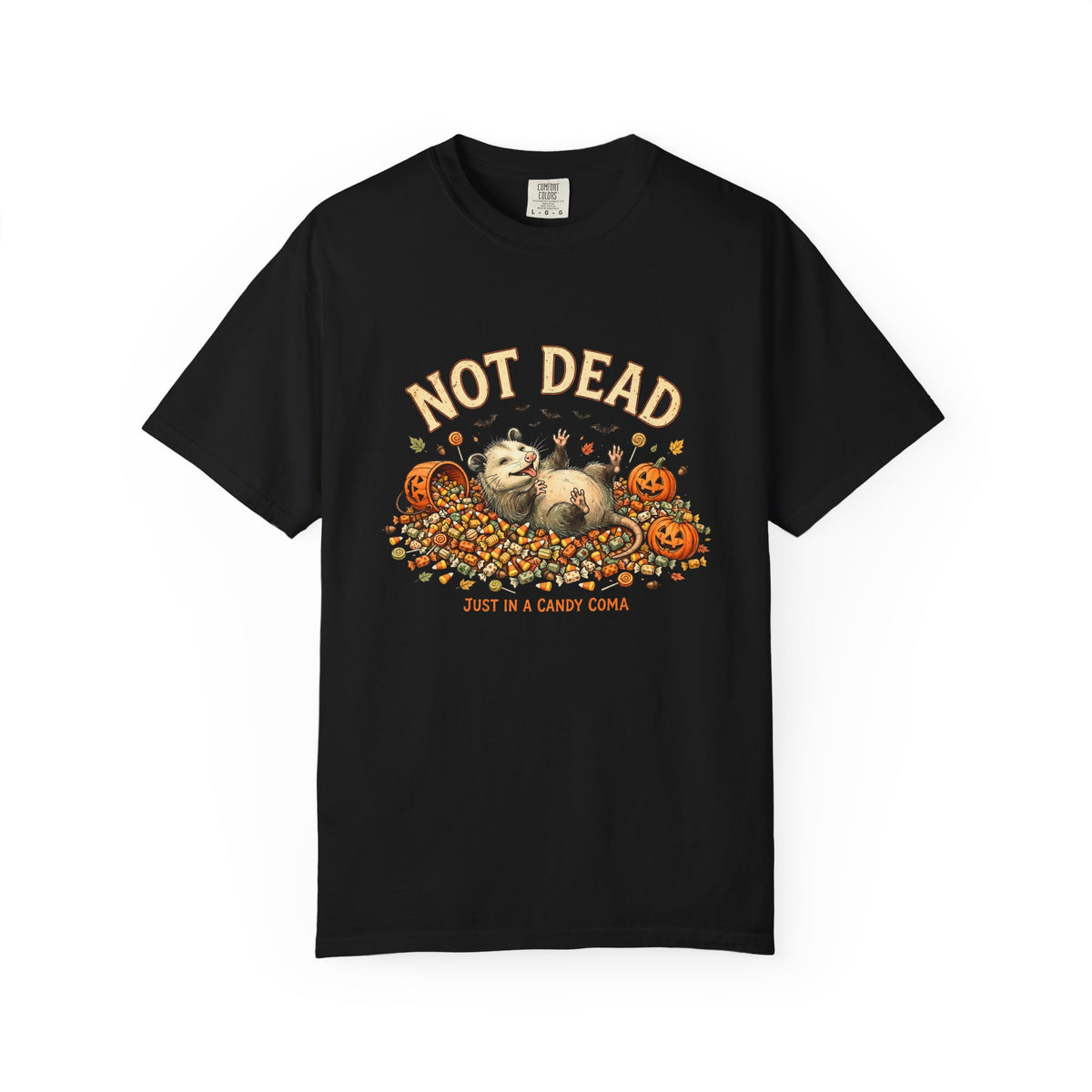 Possum Halloween T-Shirt - Not Dead Just in a Candy Coma Funny Opossum Vintage Tee, Spooky Candy Pile Gift
