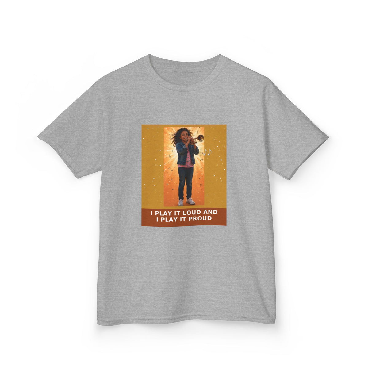 I Play It Loud and I Play It Proud — Latina Girl Trumpet Pre-Teen Musician Tee (Golden Amber) (Budget Edition) (Front Print)