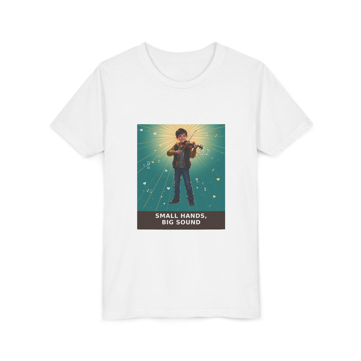 Small Hands, Big Sound — Boy Violin Pre-Teen Musician Tee (Teal) (Front Print)