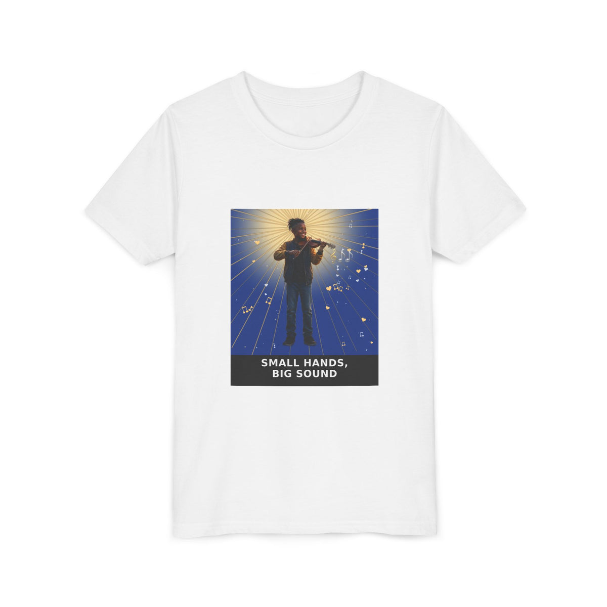 Small Hands, Big Sound — Black Boy Violin Pre-Teen Musician Tee (Deep Blue) (Front Print)
