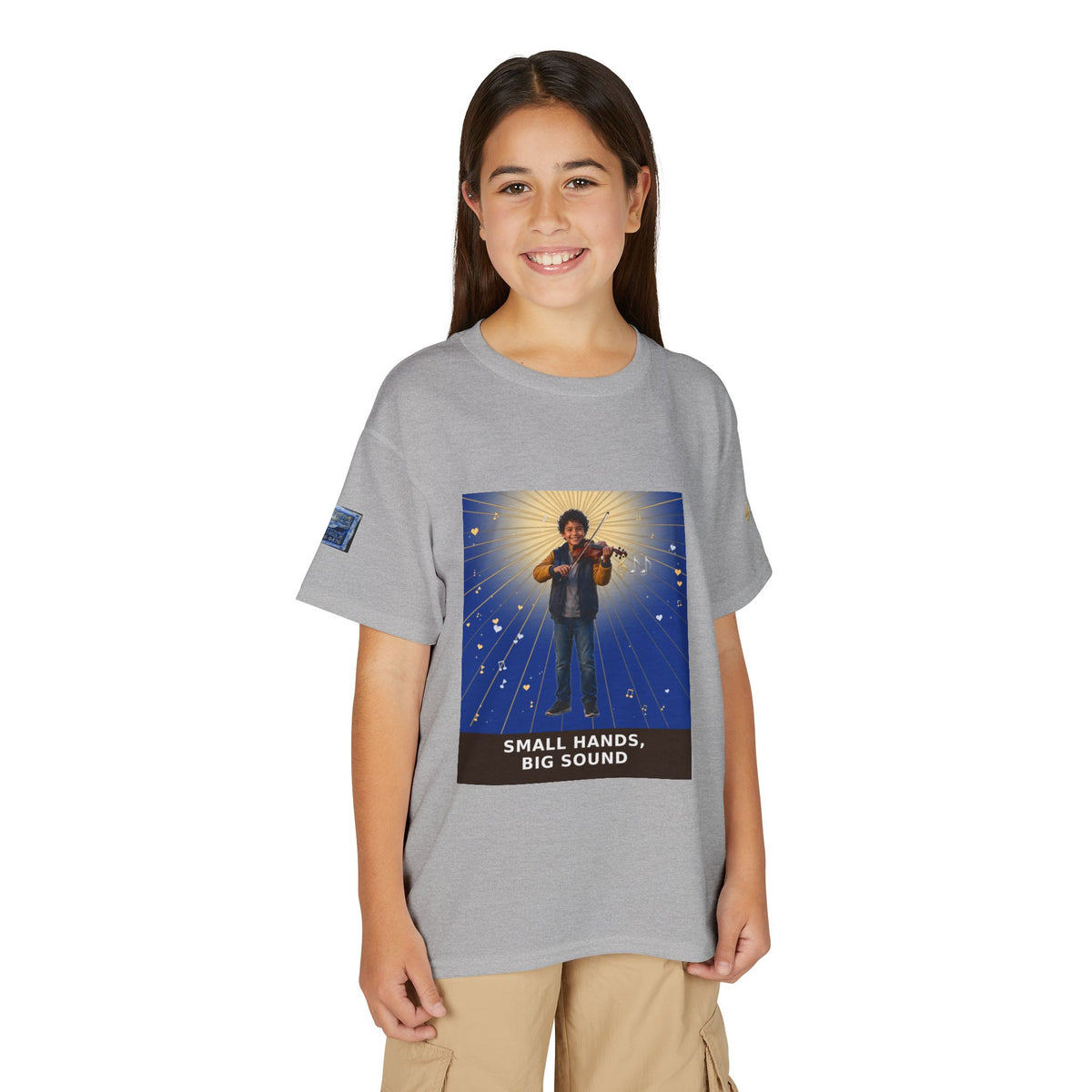 Small Hands, Big Sound — Latino Boy Violin Pre-Teen Musician Tee (Deep Blue)