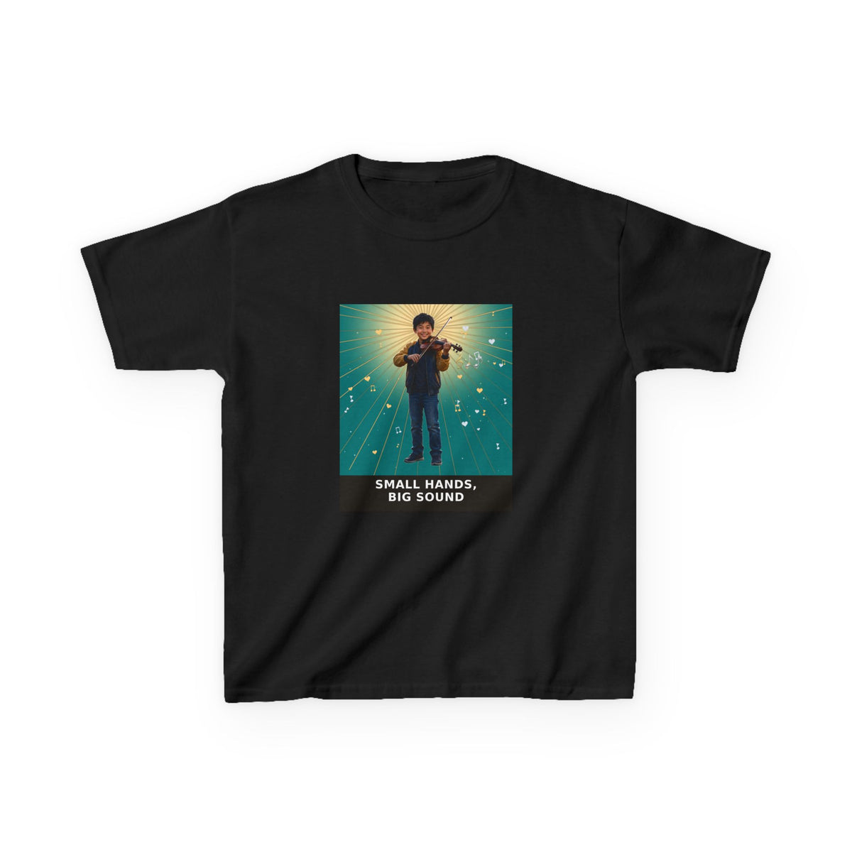 Small Hands, Big Sound — Asian Boy Violin Pre-Teen Musician Tee (Teal) (Budget Edition) (Front Print)