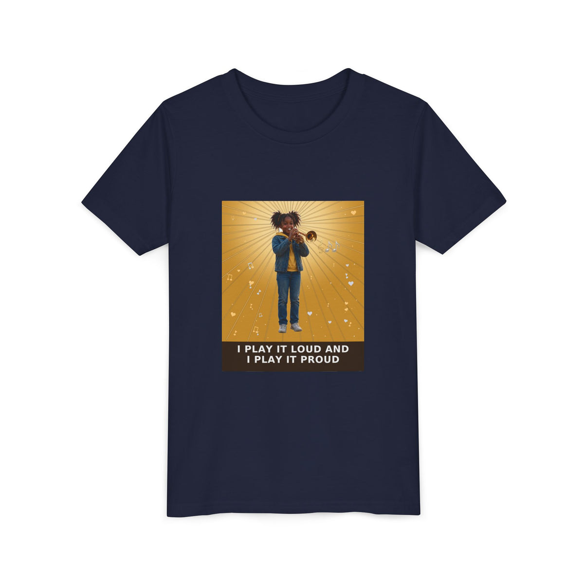 I Play It Loud and I Play It Proud — Black Girl Trumpet Pre-Teen Musician Tee (Golden Amber) (Front Print)