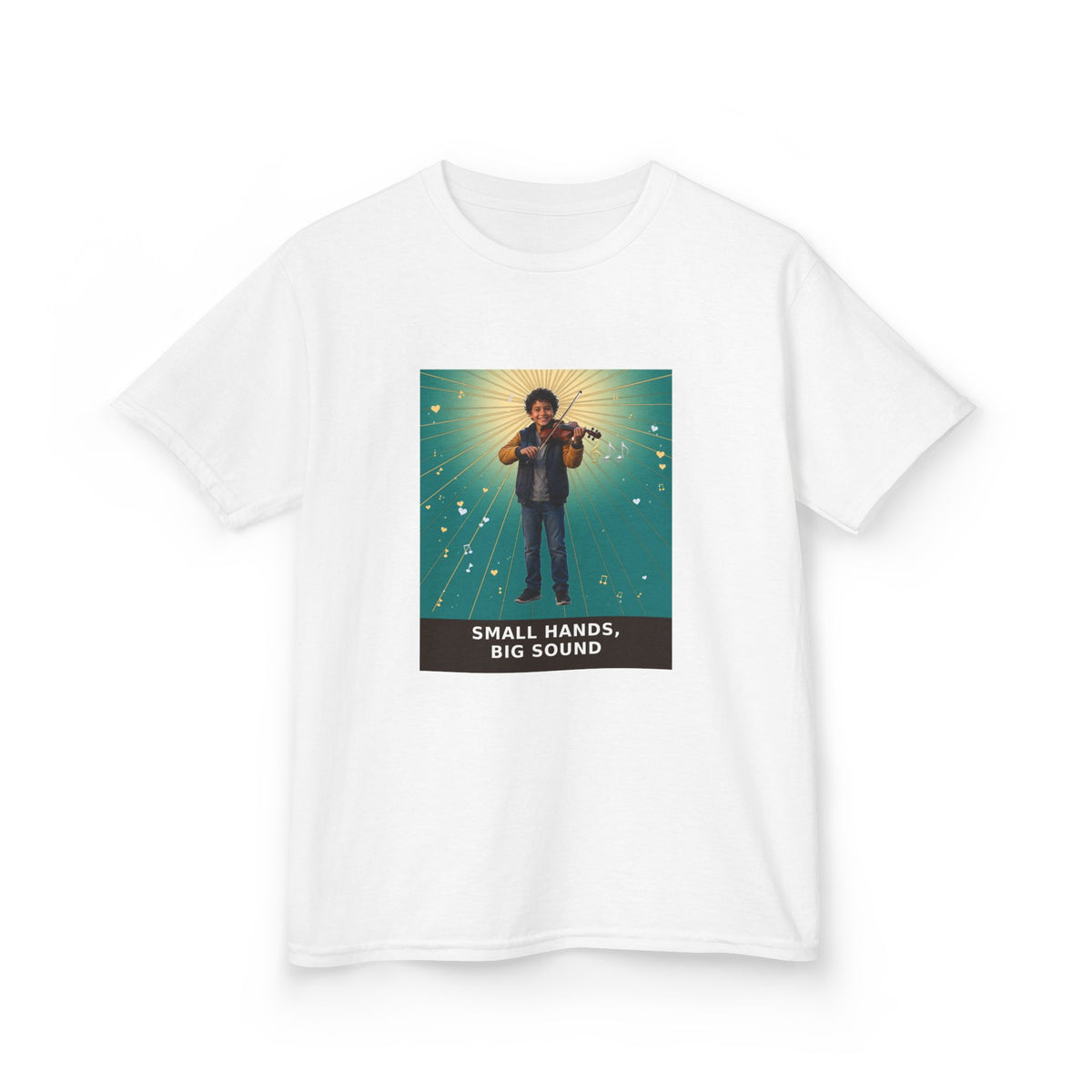 Small Hands, Big Sound — Latino Boy Violin Pre-Teen Musician Tee (Teal) (Budget Edition) (Front Print)